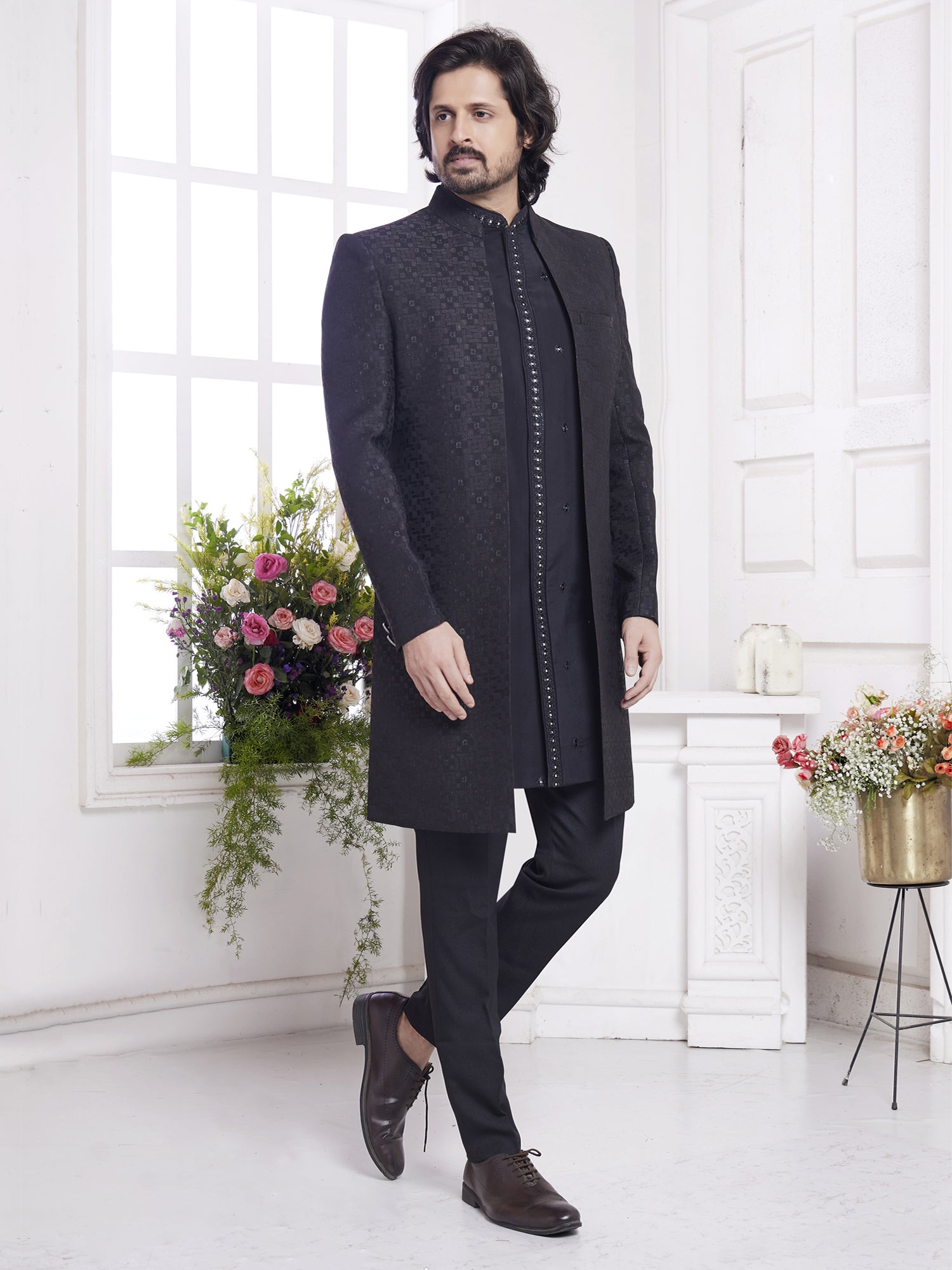 Black Front Open Jacketed Style Indowestern Set