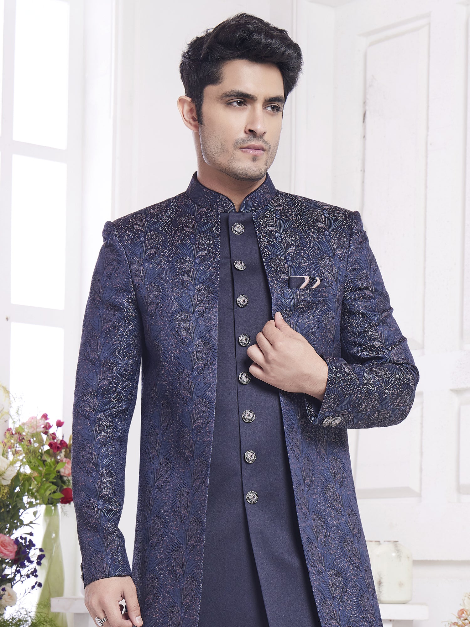 Blue Men's Wear Indowestern Set In Jacket Style