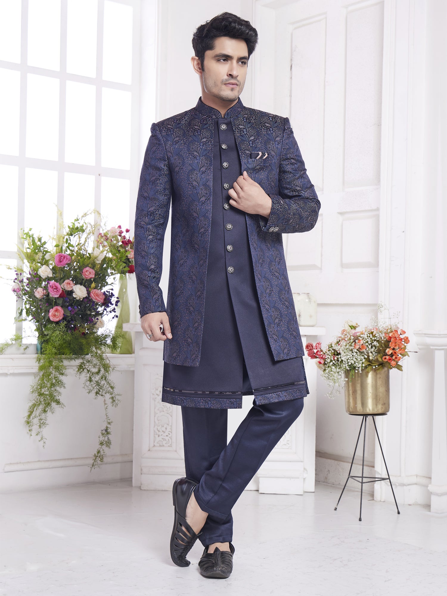 Blue Men's Wear Indowestern Set In Jacket Style
