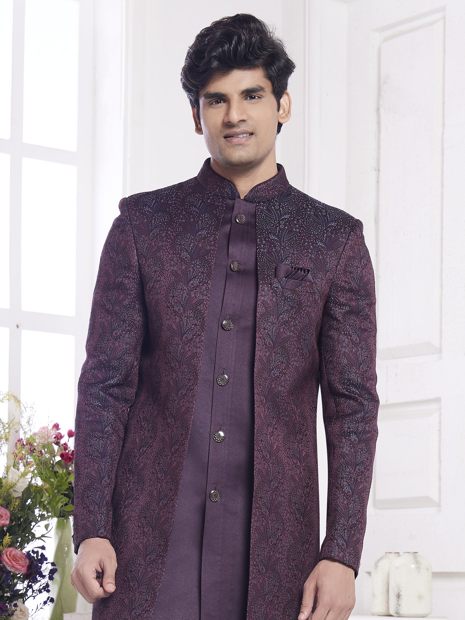 Wine Floral Work Wedding Indowestern Set In Jacquard