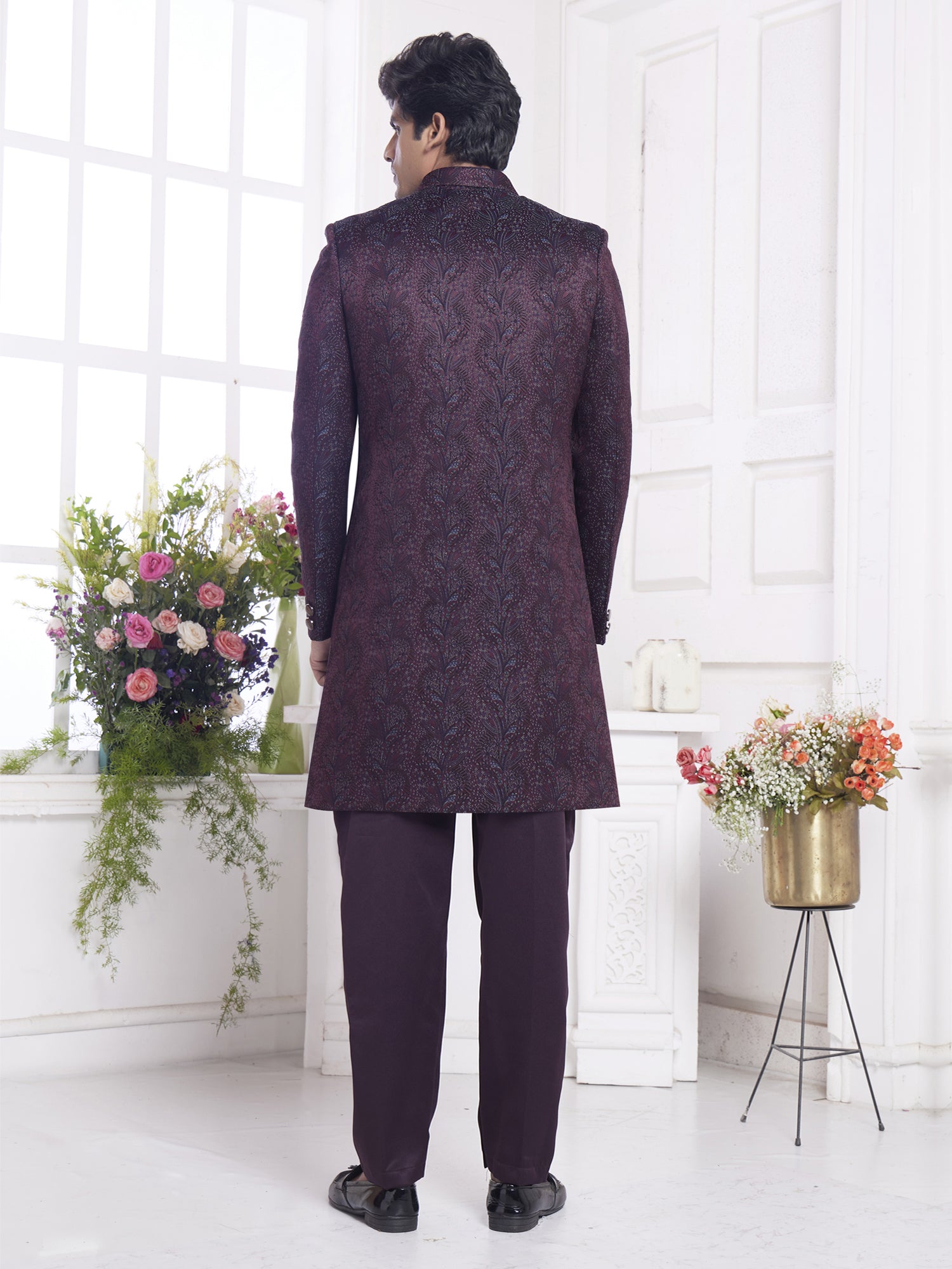 Wine Floral Work Wedding Indowestern Set In Jacquard