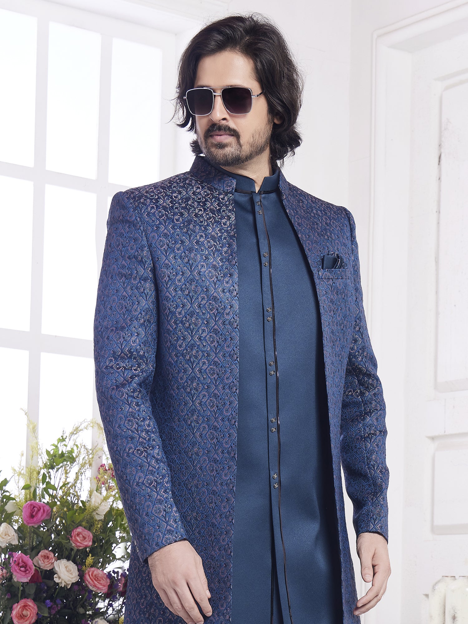 Blue Floral Embellished Indo Western In Silk With Jacket
