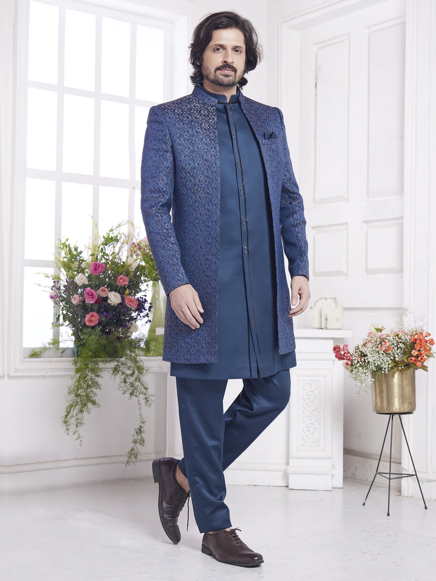 Blue Floral Embellished Indo Western In Silk With Jacket