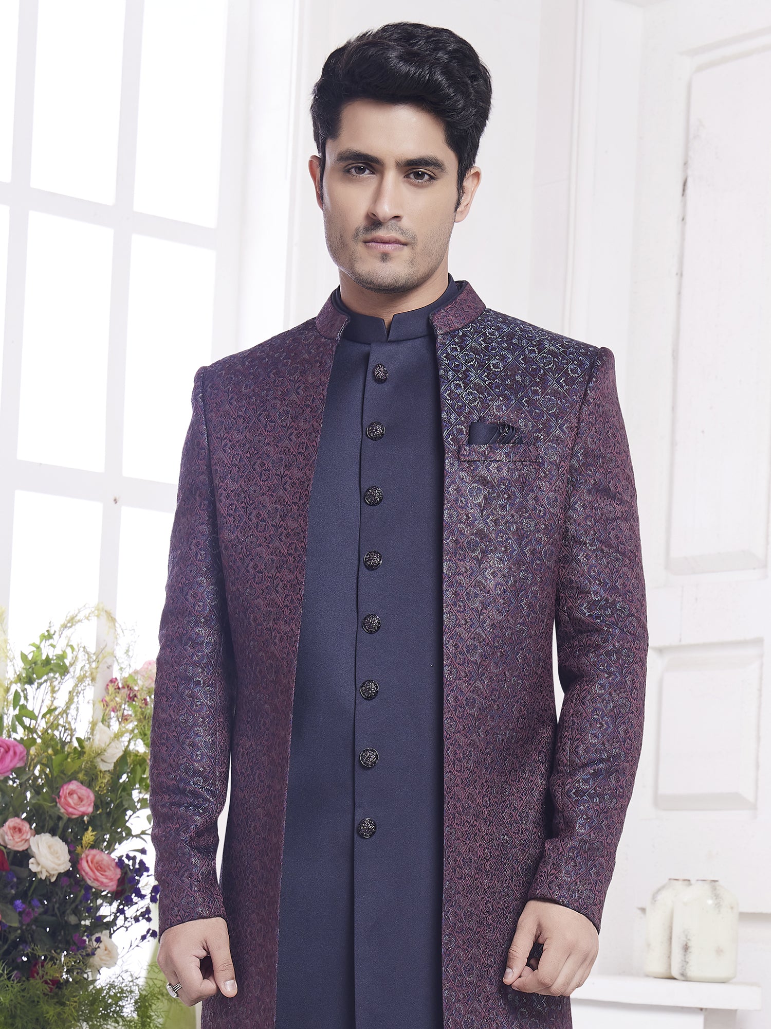 Deep Purple Silk Indowestern With Embroidered Jacket