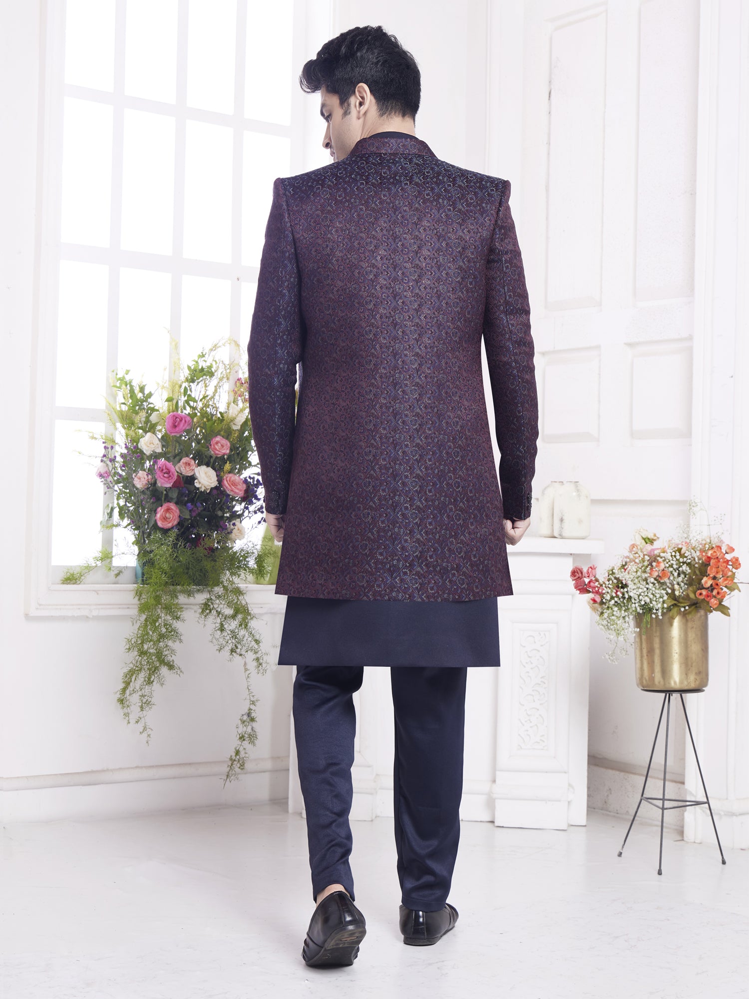 Deep Purple Silk Indowestern With Embroidered Jacket