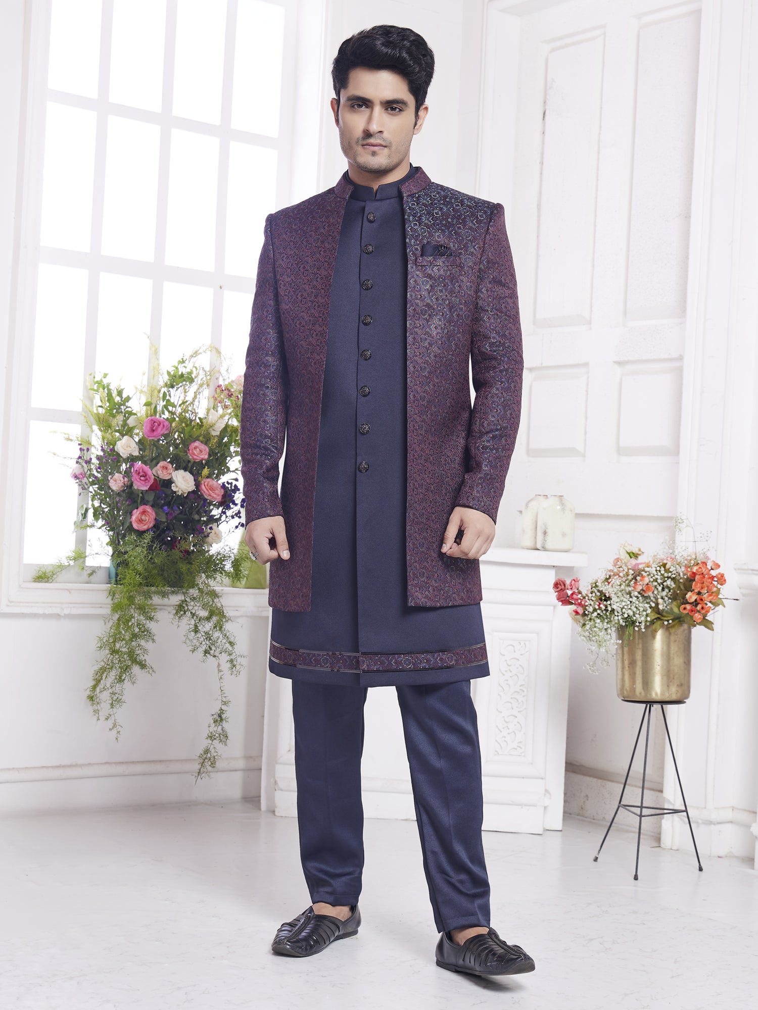Deep Purple Silk Indowestern With Embroidered Jacket