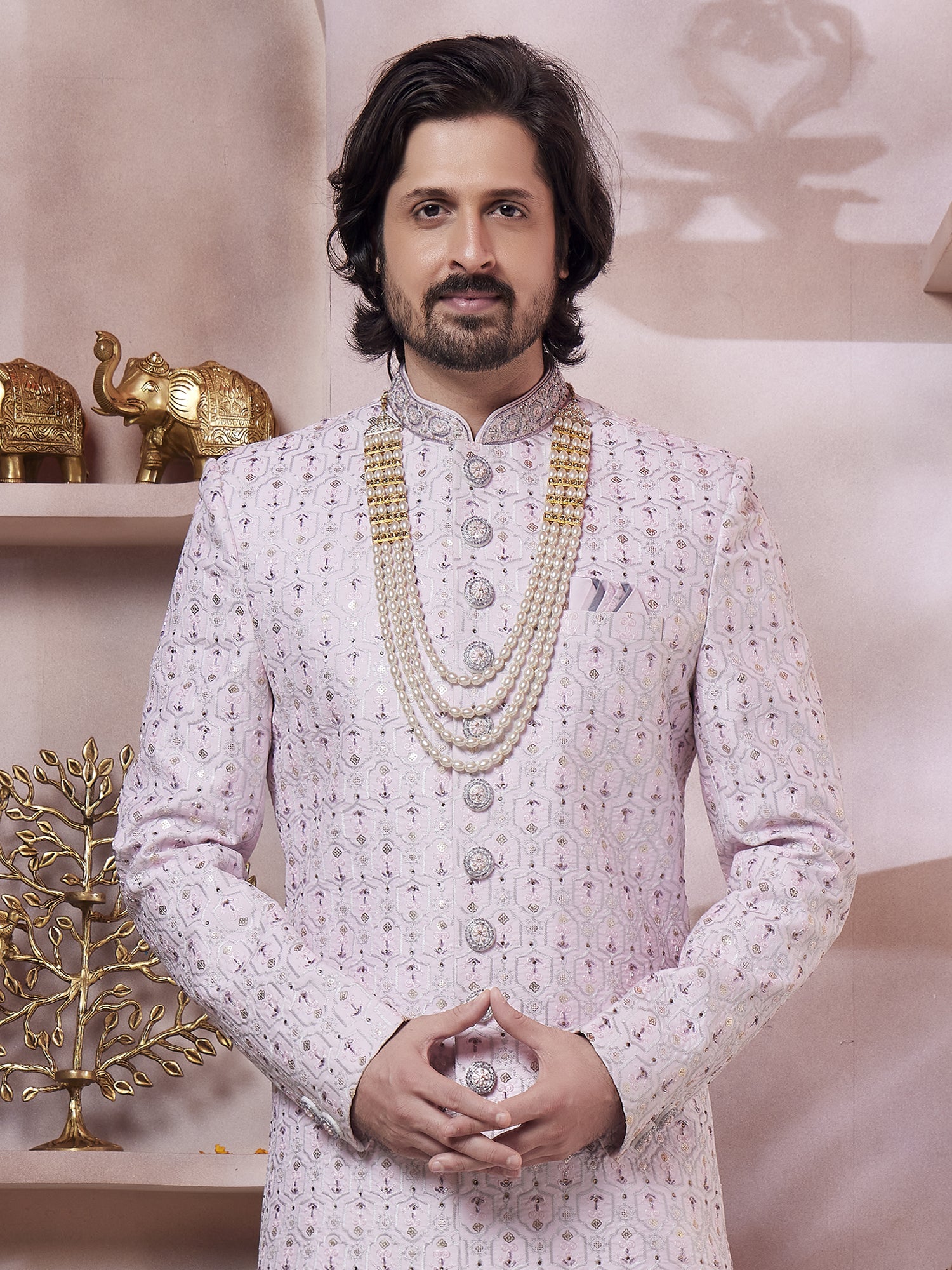 Pink Thread Work Enhanced Men's Sherwani