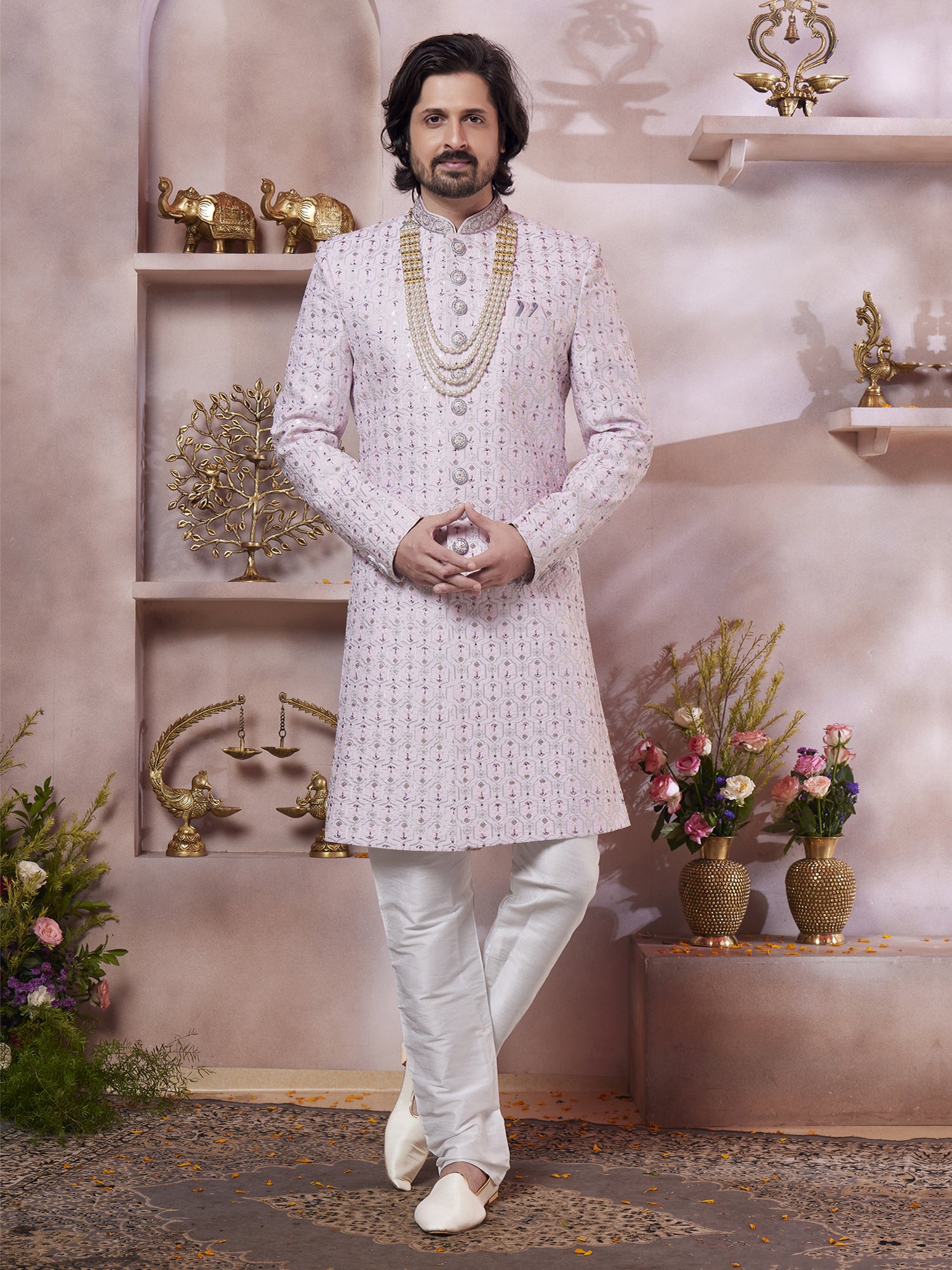 Pink Thread Work Enhanced Men's Sherwani