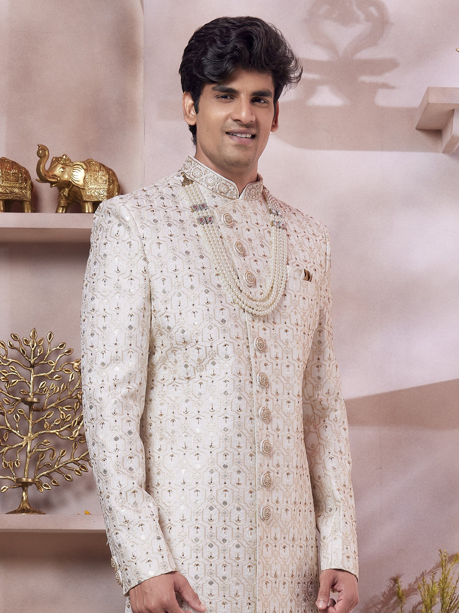 Cream Heavy Sequins Embellished Sherwani In Silk