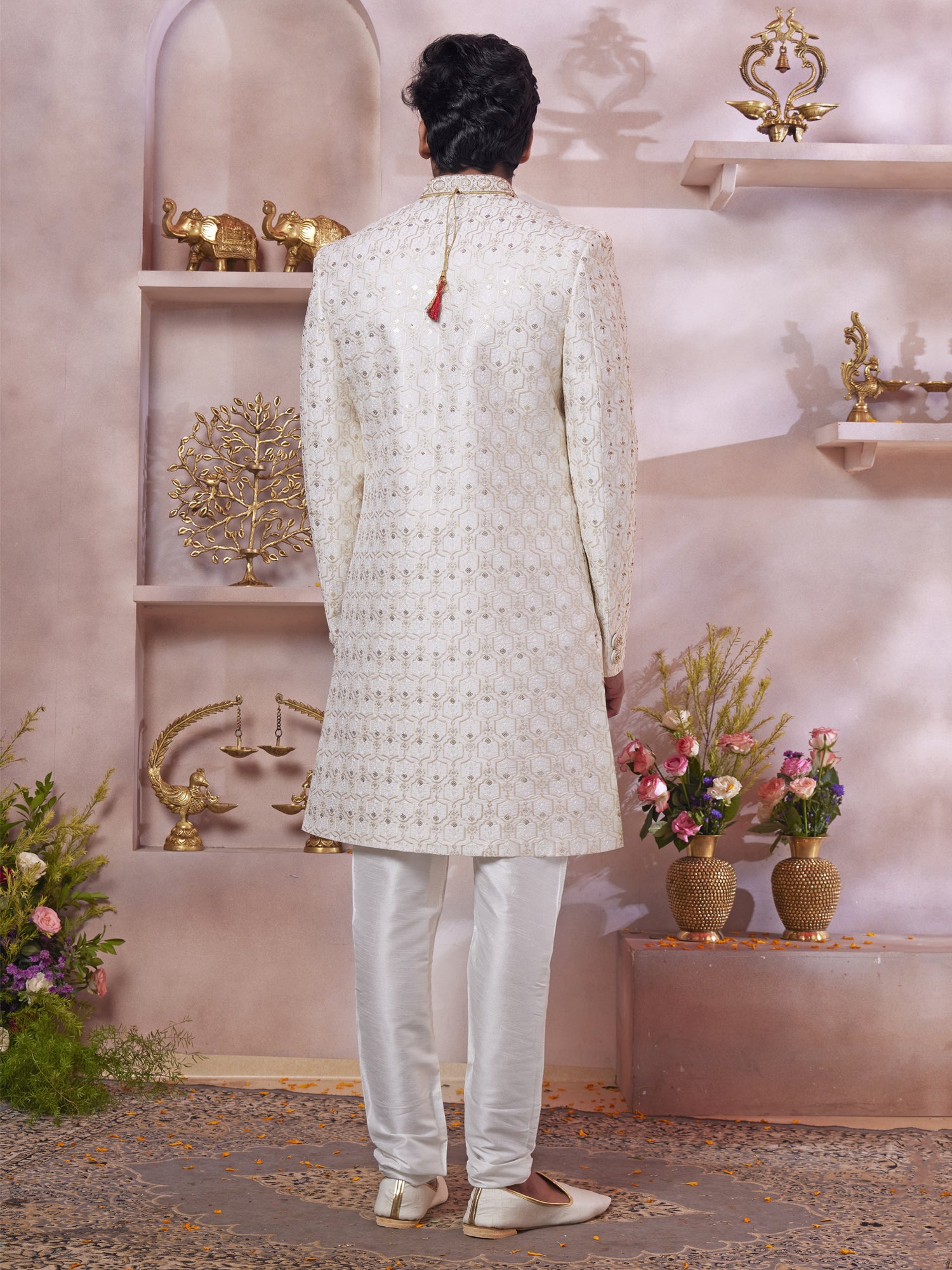 Cream Heavy Sequins Embellished Sherwani In Silk