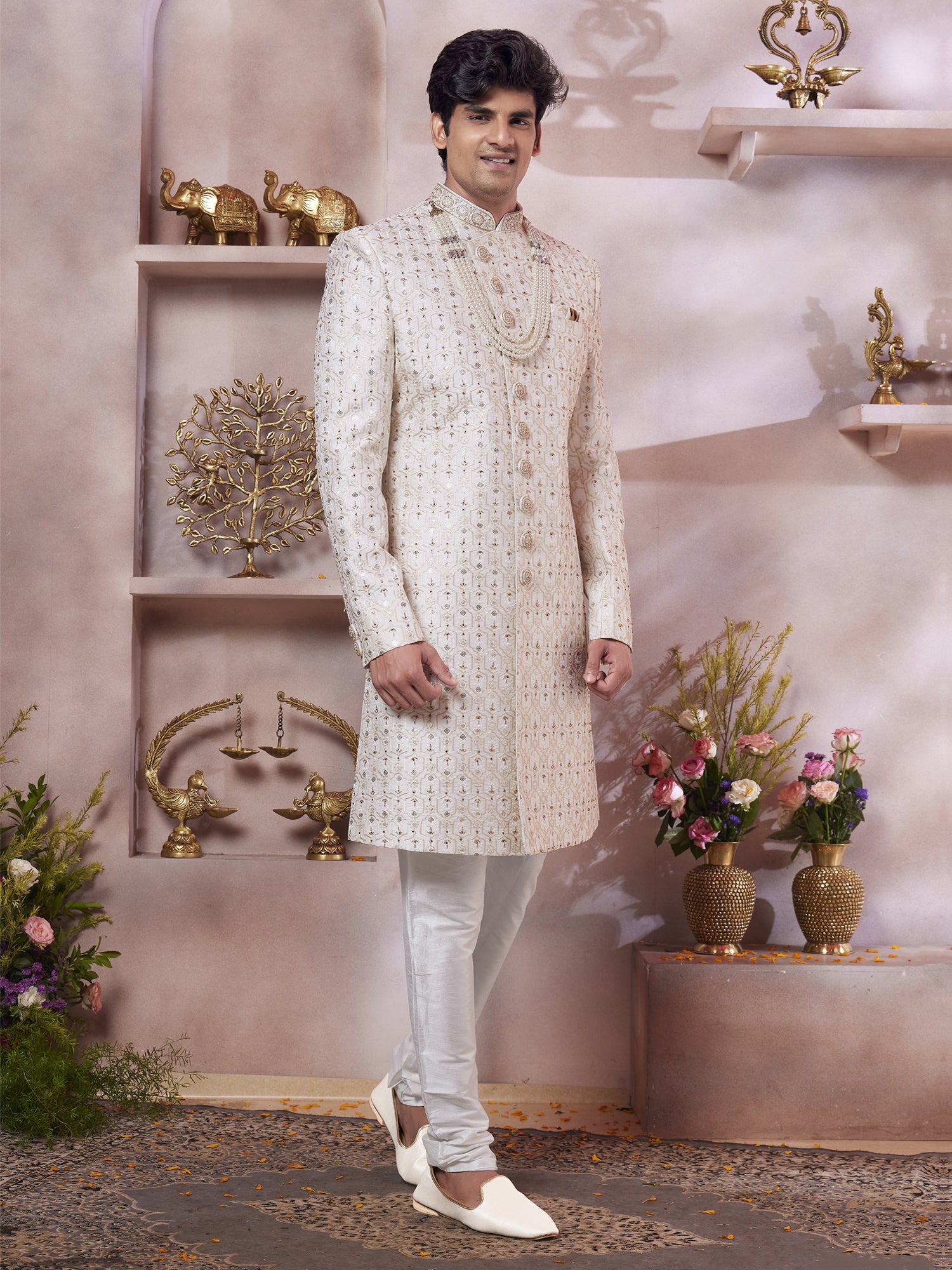 Cream Heavy Sequins Embellished Sherwani In Silk