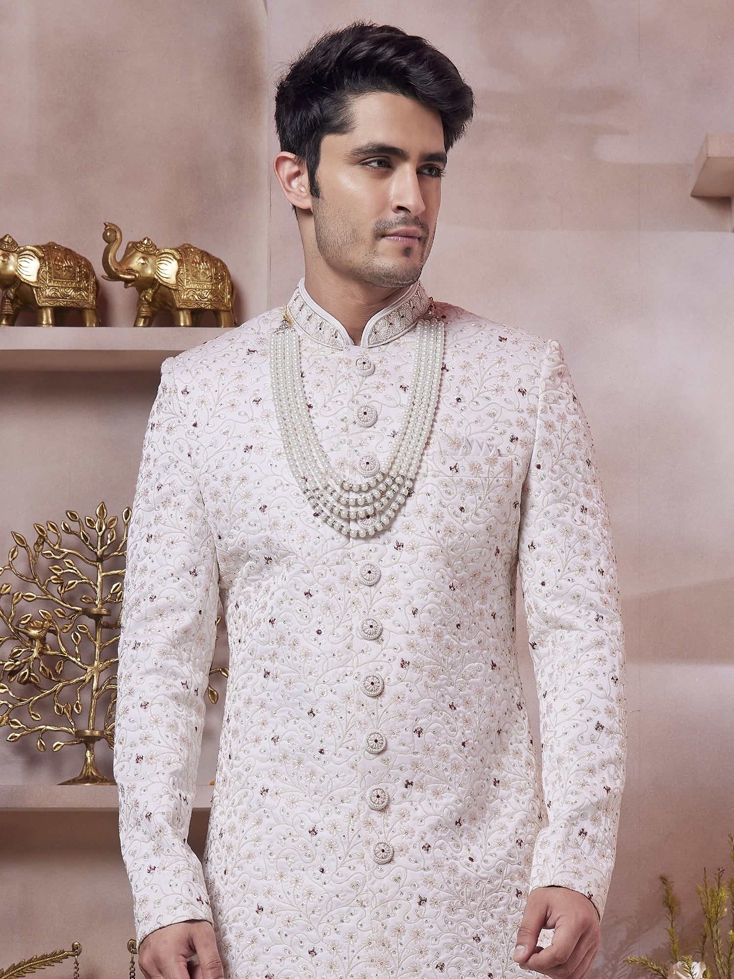 Cream Floral Thread Work Wedding Sherwani
