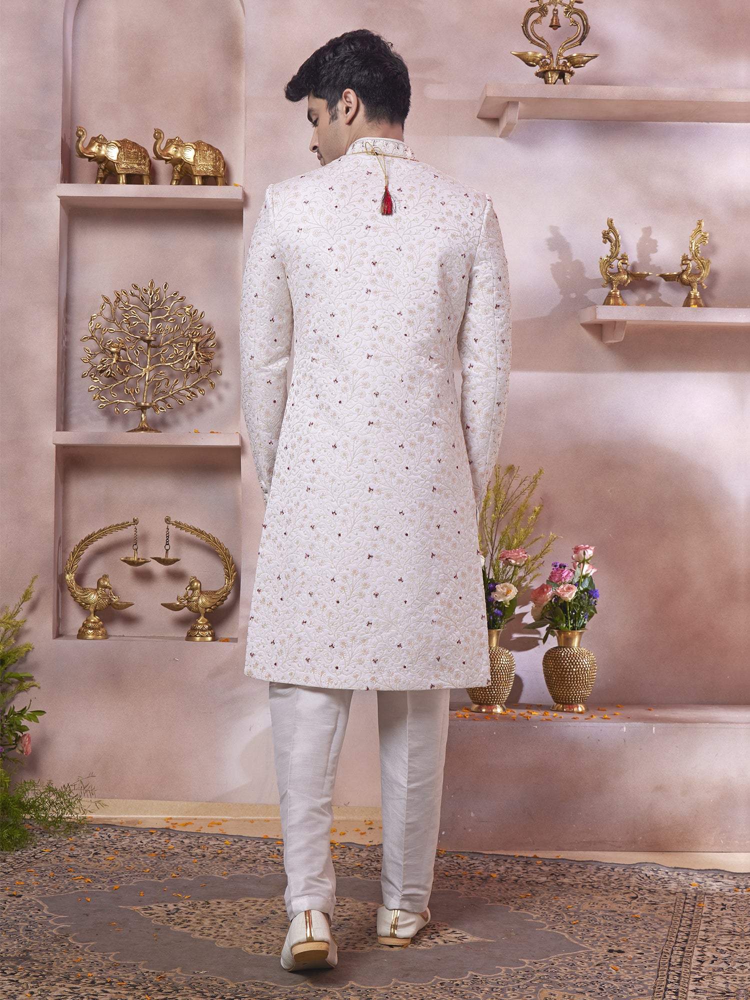 Cream Floral Thread Work Wedding Sherwani