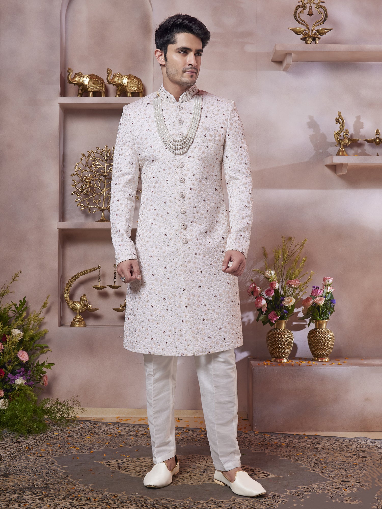 Cream Floral Thread Work Wedding Sherwani