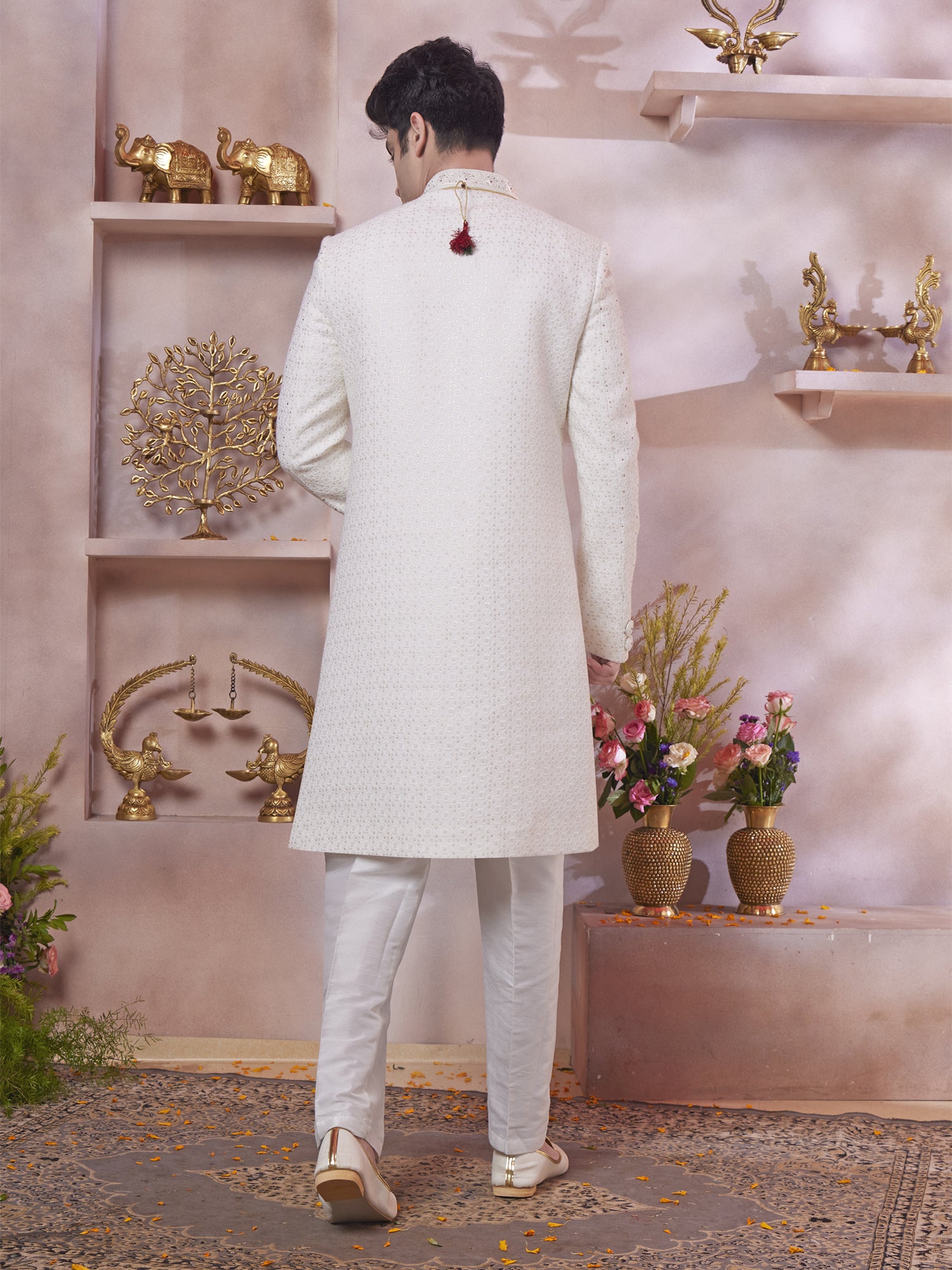 Off White Silk Sherwani In Floral Embellishment
