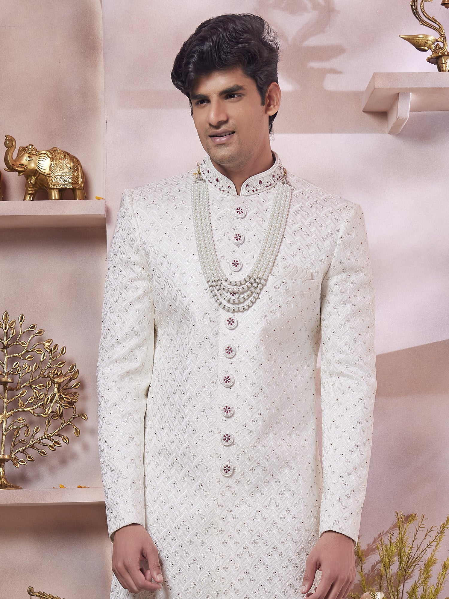 Off White Wedding Sherwani In Indowestern Style