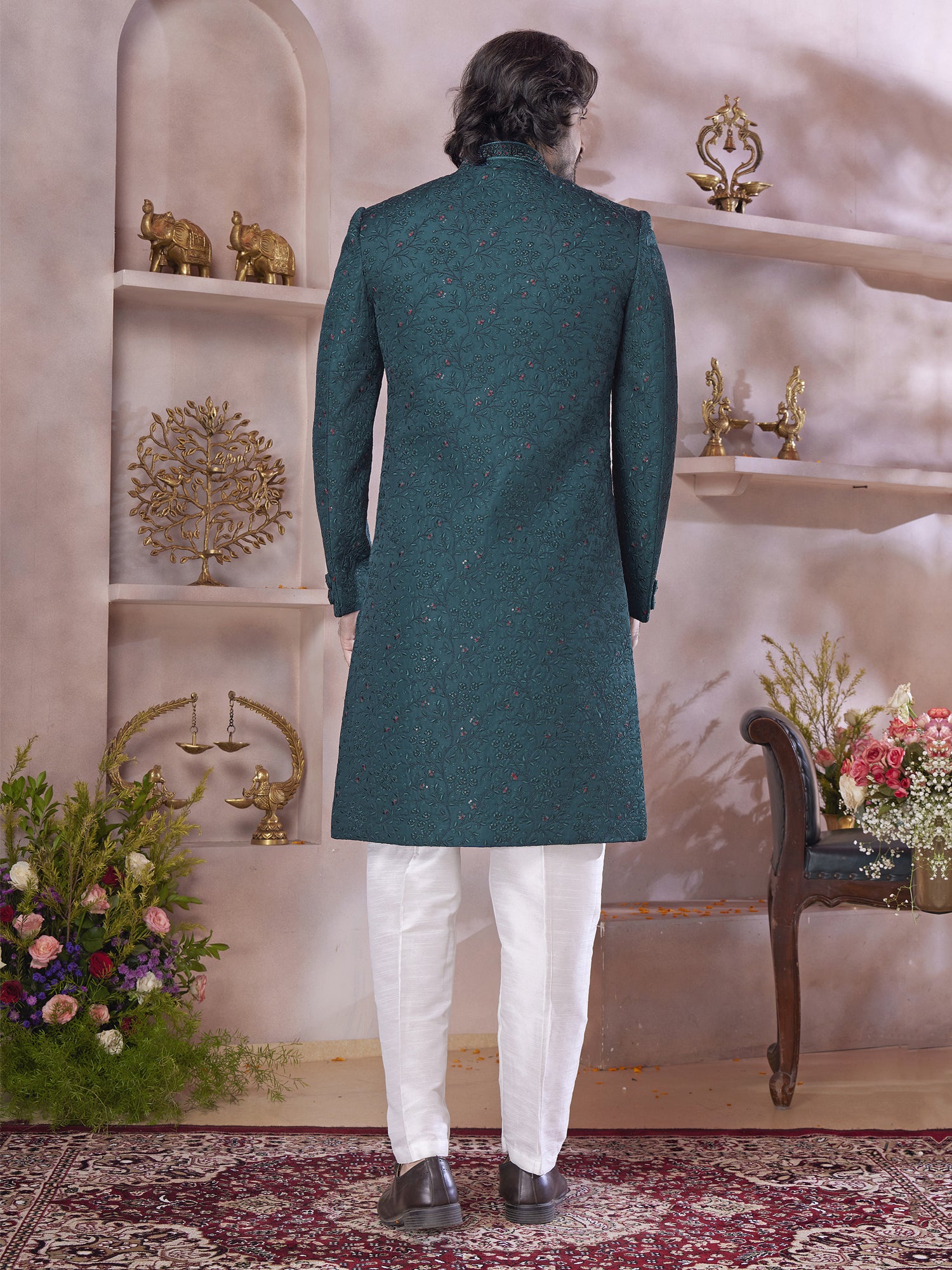 Peacock Green Menswear Sherwani In Floral Work