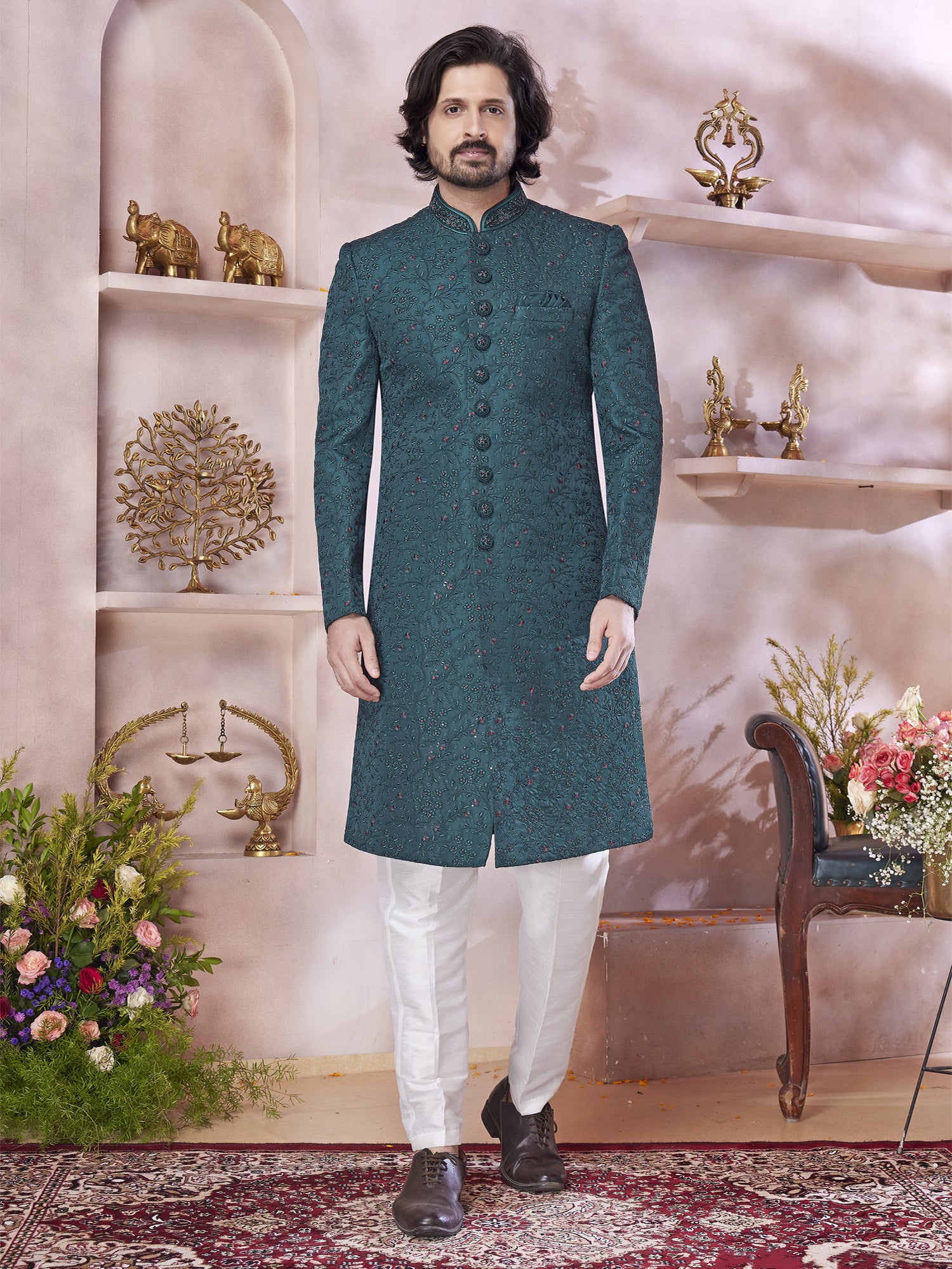 Peacock Green Menswear Sherwani In Floral Work