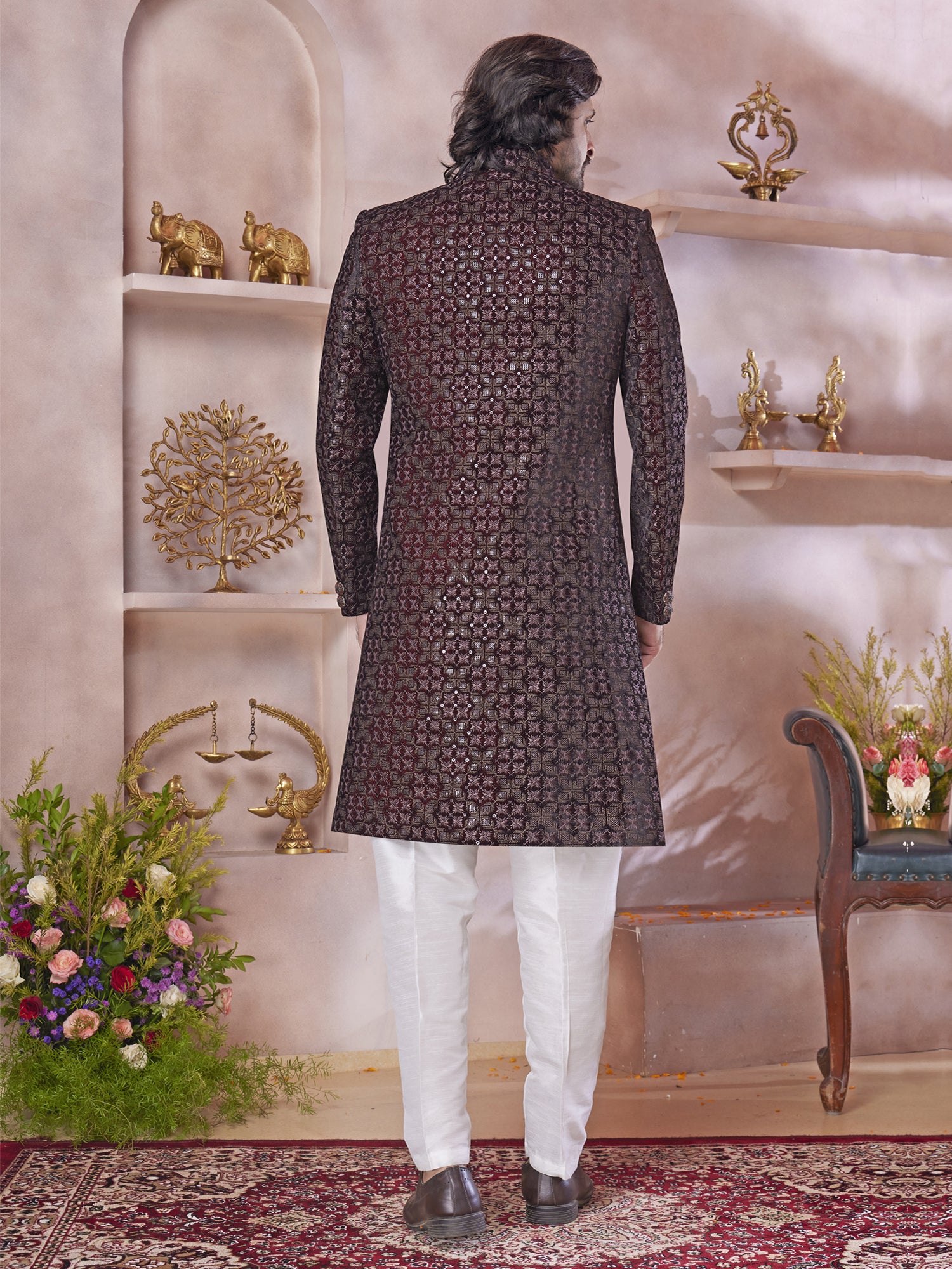 Maroon Sequins Work Velvet Sherwani For Men