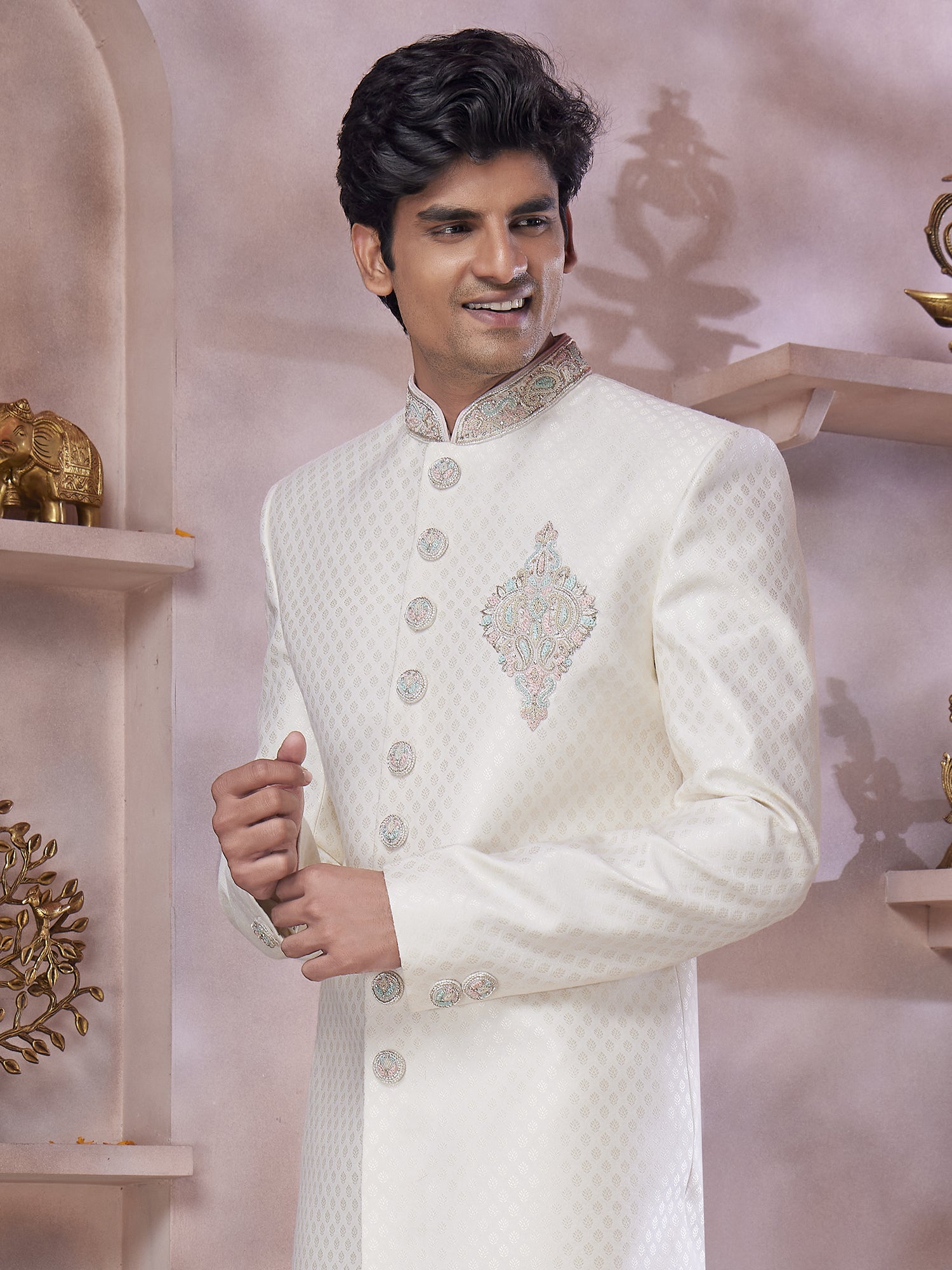 White Banarasi Silk Sherwani In Thread Work