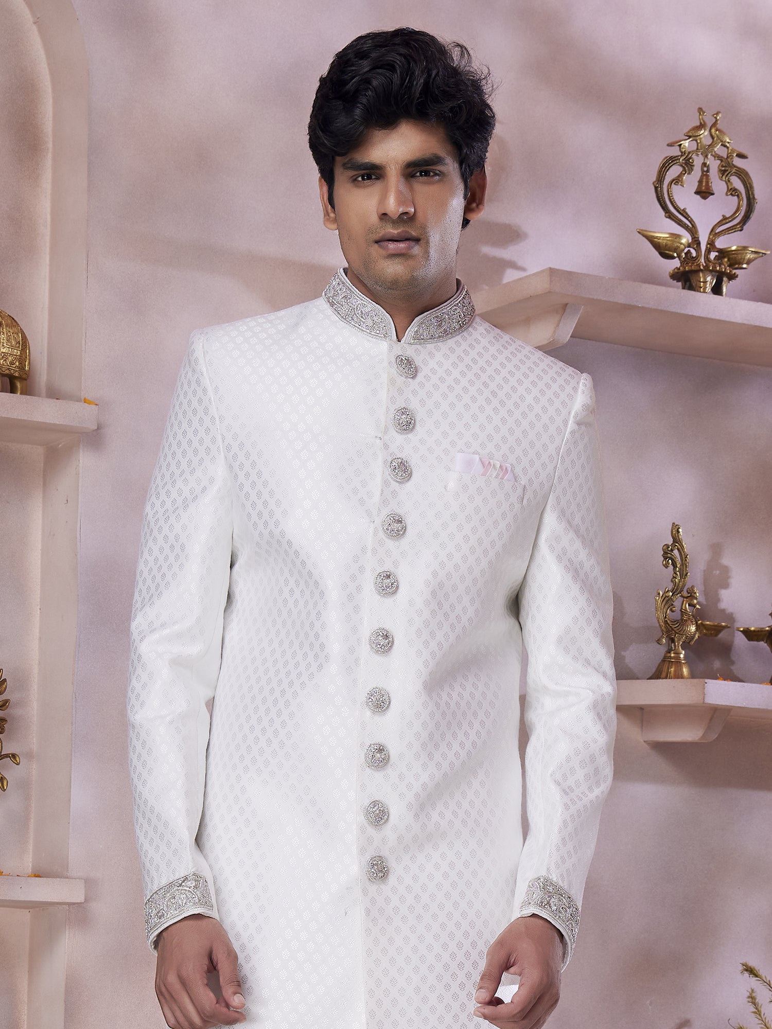 White Wedding Wear Sherwani In Zari Weaving