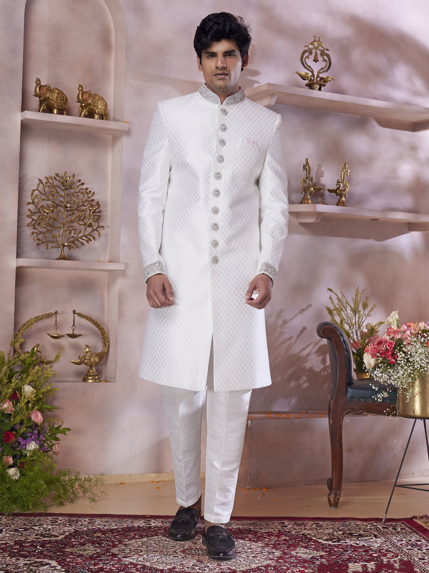 White Wedding Wear Sherwani In Zari Weaving