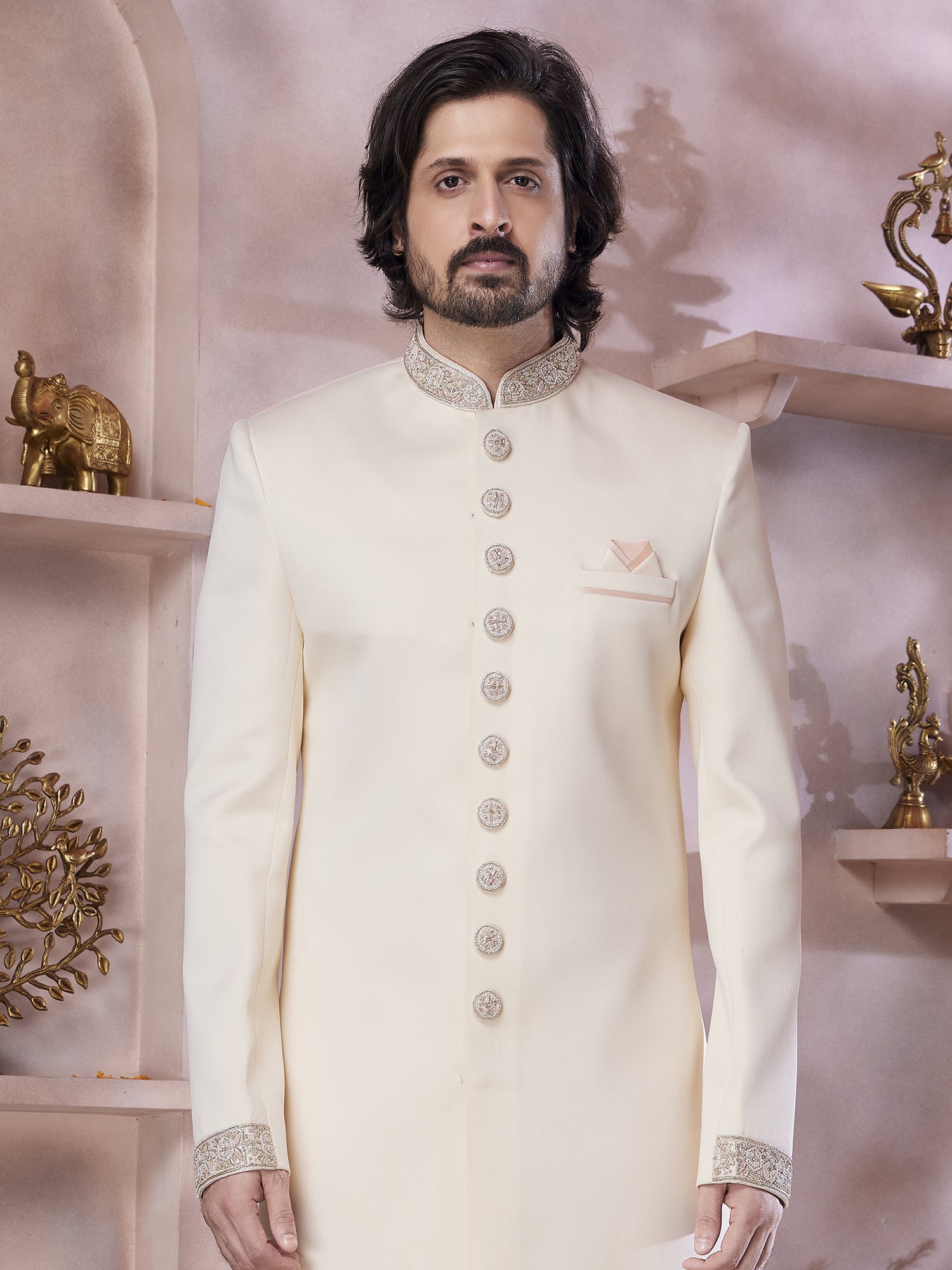 Cream Sequins Work Indowestern In Imported Fabric