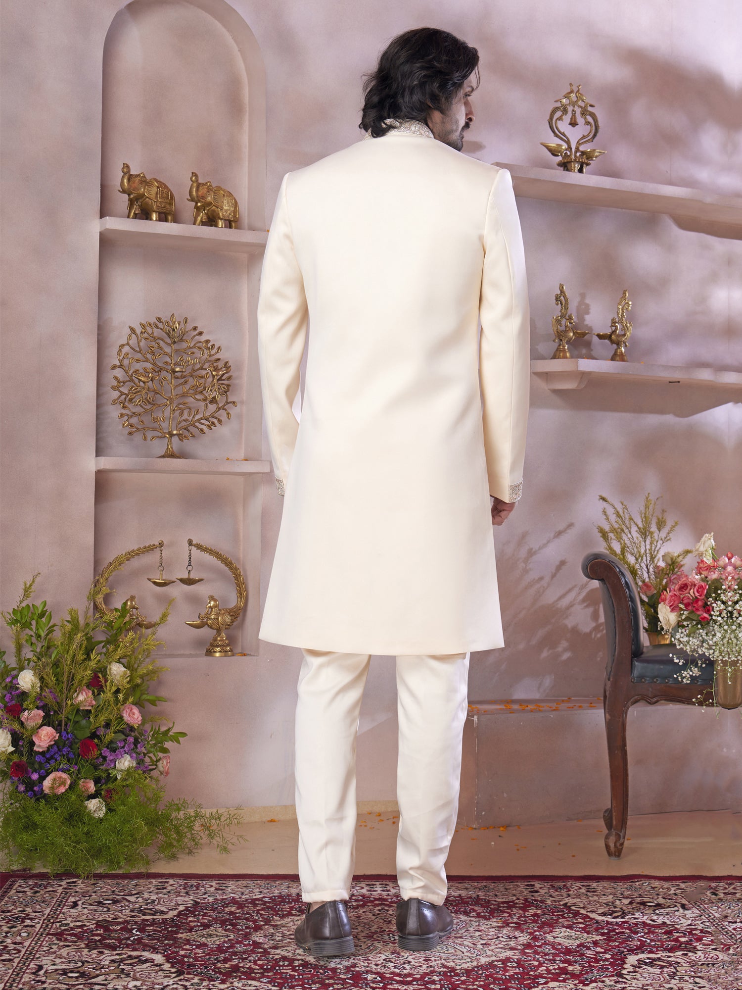 Cream Sequins Work Indowestern In Imported Fabric