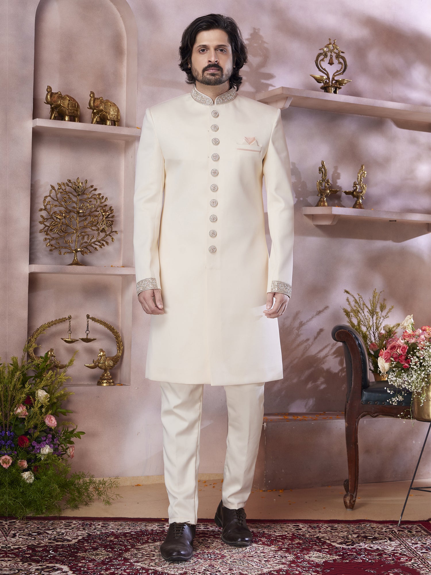 Cream Sequins Work Indowestern In Imported Fabric