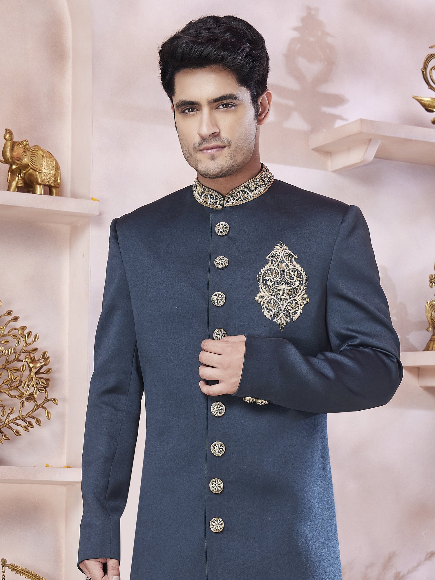 Navy Blue Asymmetric Pattern Indowestern Set