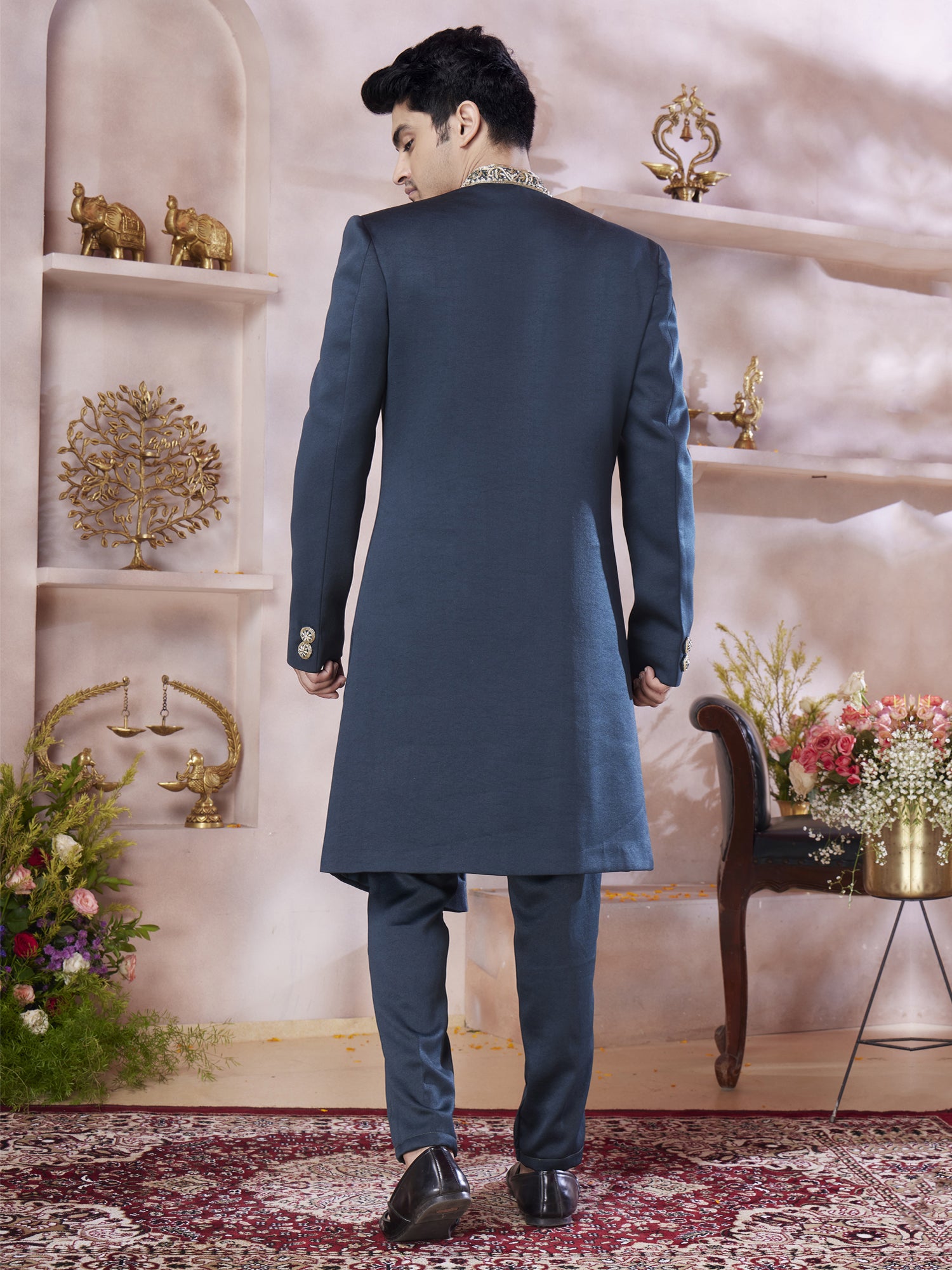 Navy Blue Asymmetric Pattern Indowestern Set