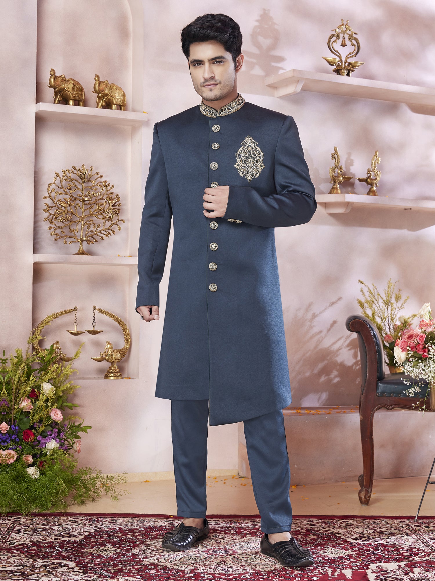 Navy Blue Asymmetric Pattern Indowestern Set
