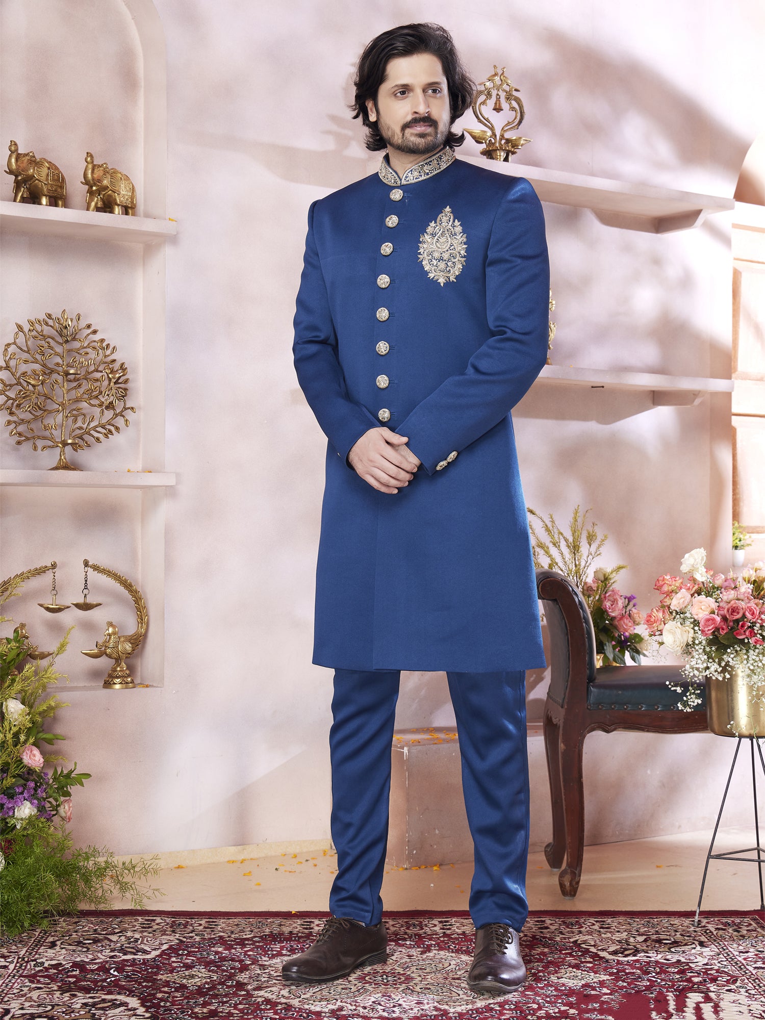 Royal Blue Wedding Wear Indowestern For Mens