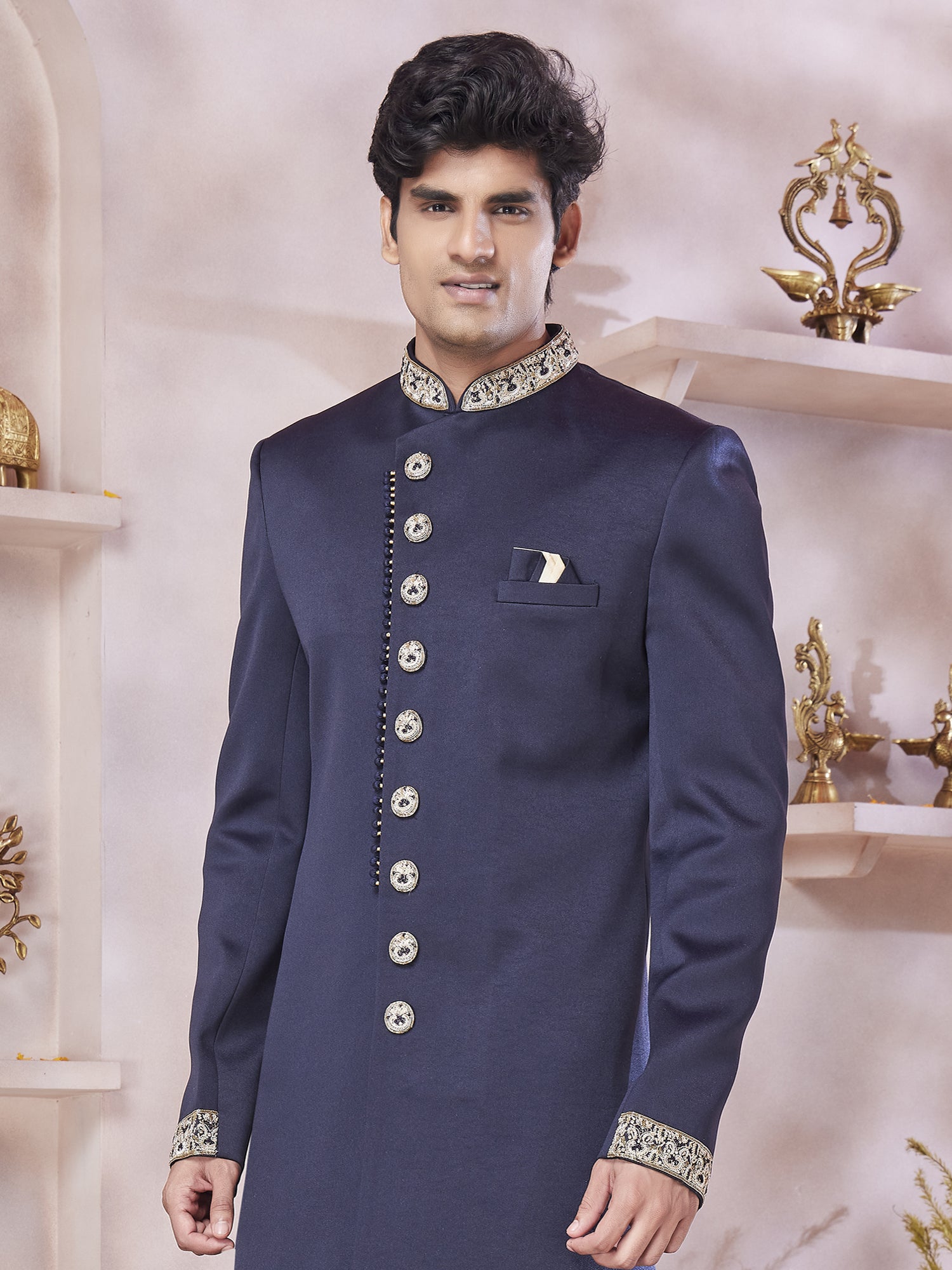 Blue Men's Indowestern Set In Sequins Embroidery