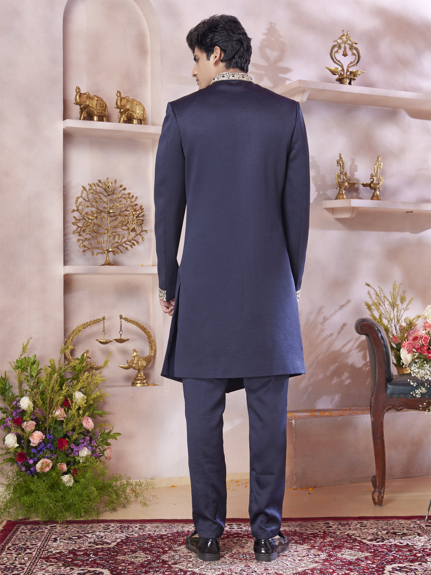 Blue Men's Indowestern Set In Sequins Embroidery