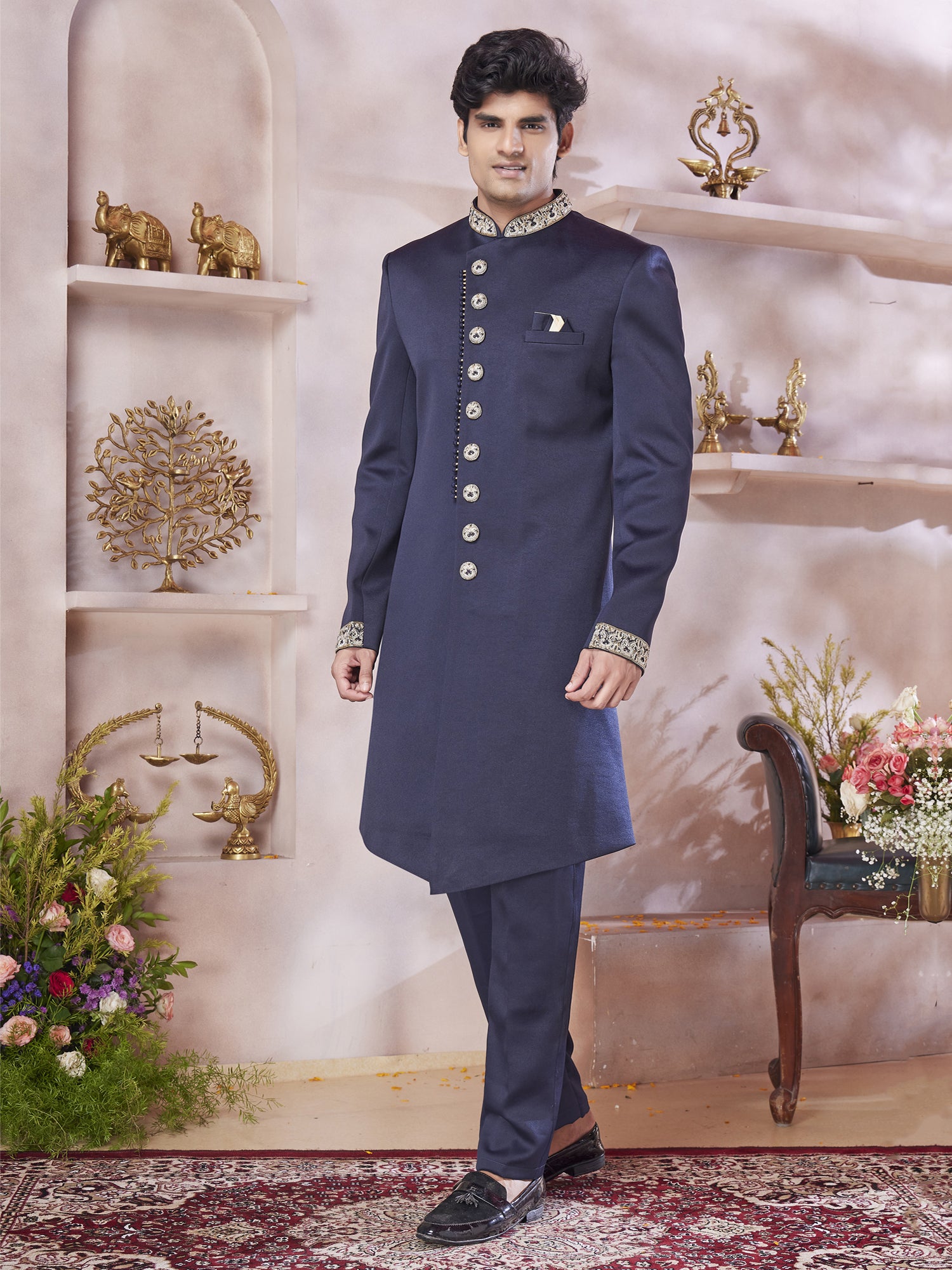 Blue Men's Indowestern Set In Sequins Embroidery