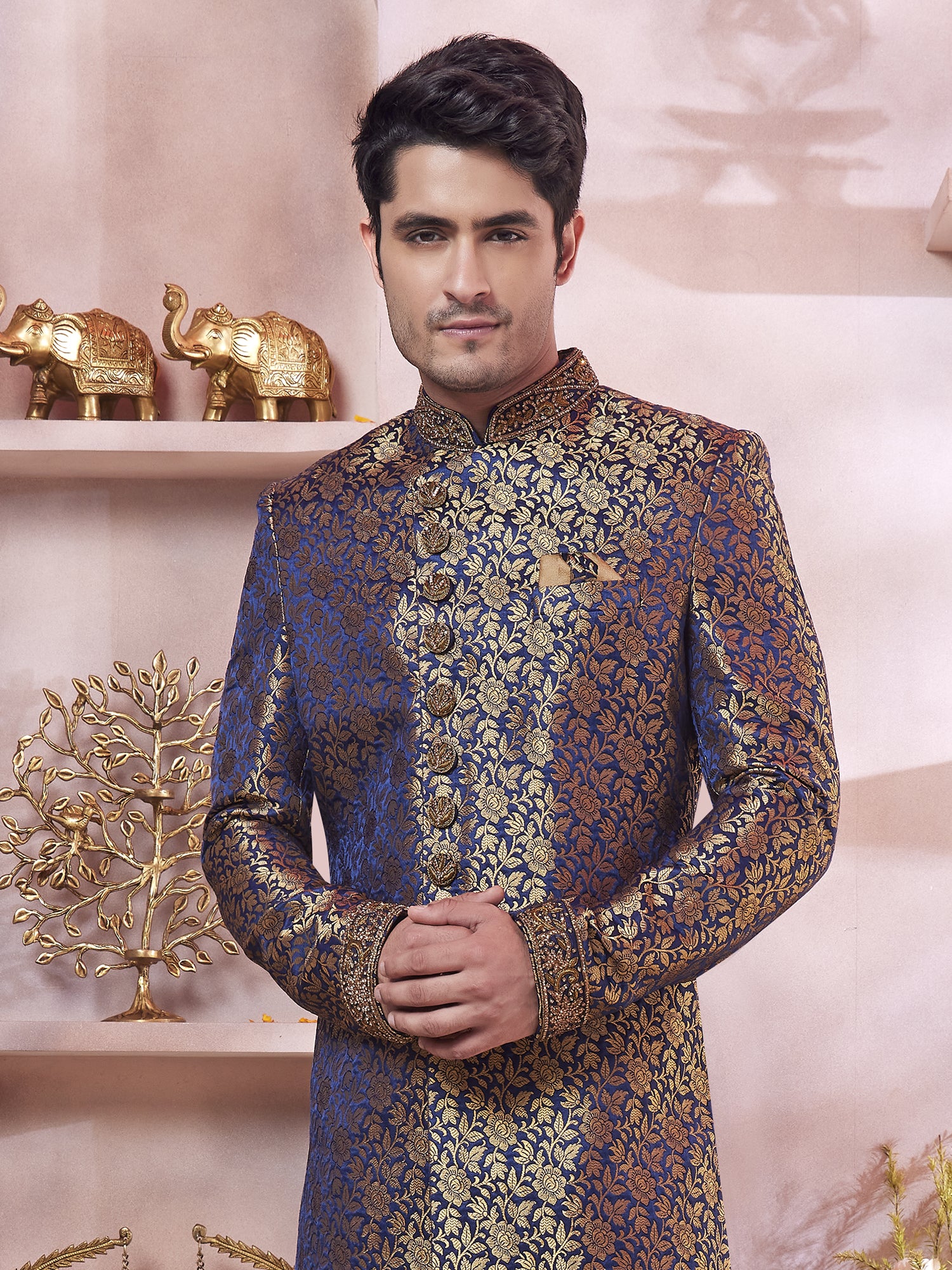 Blue Zari Weaving Wedding Sherwani Set