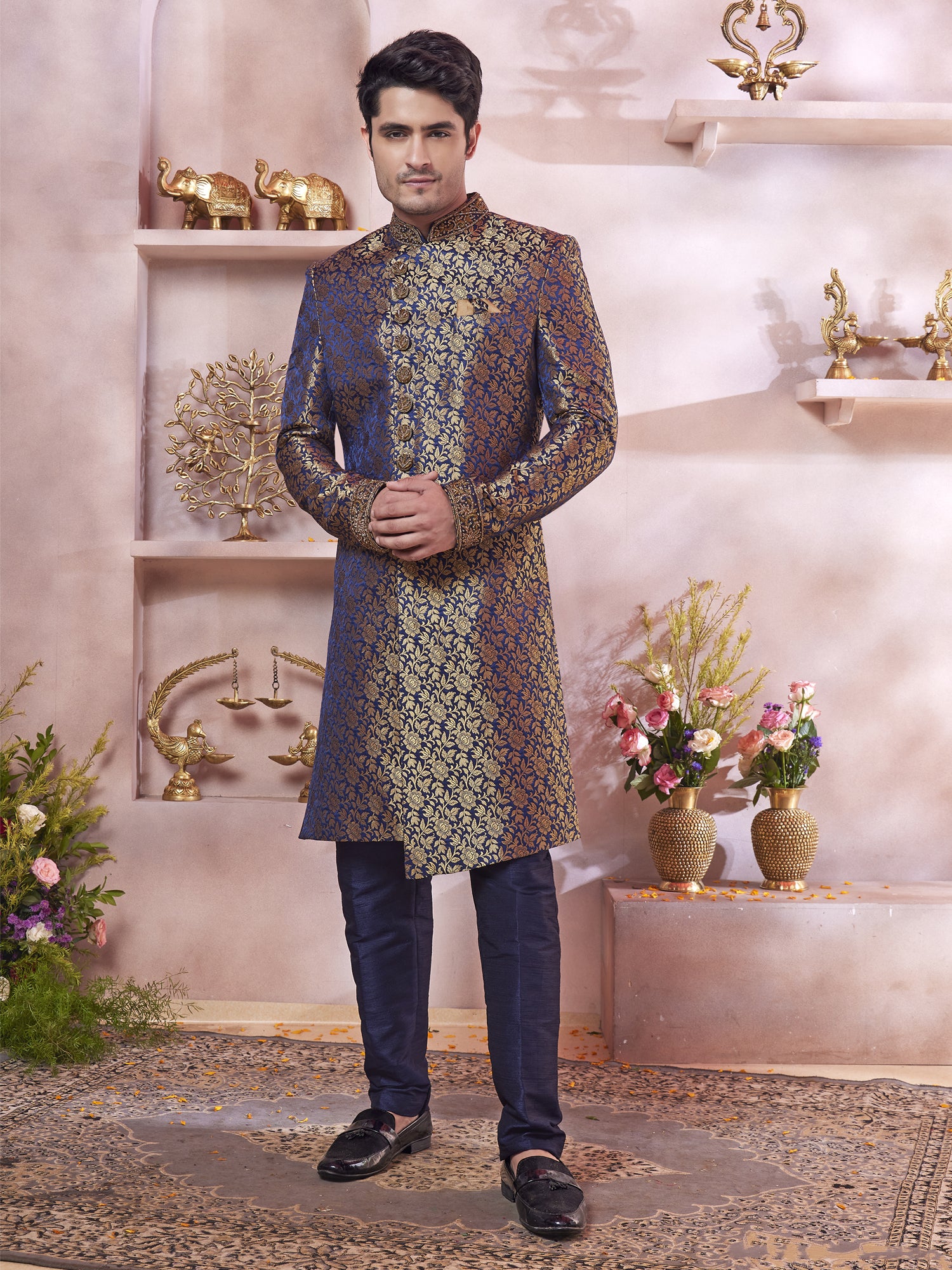 Blue Zari Weaving Wedding Sherwani Set