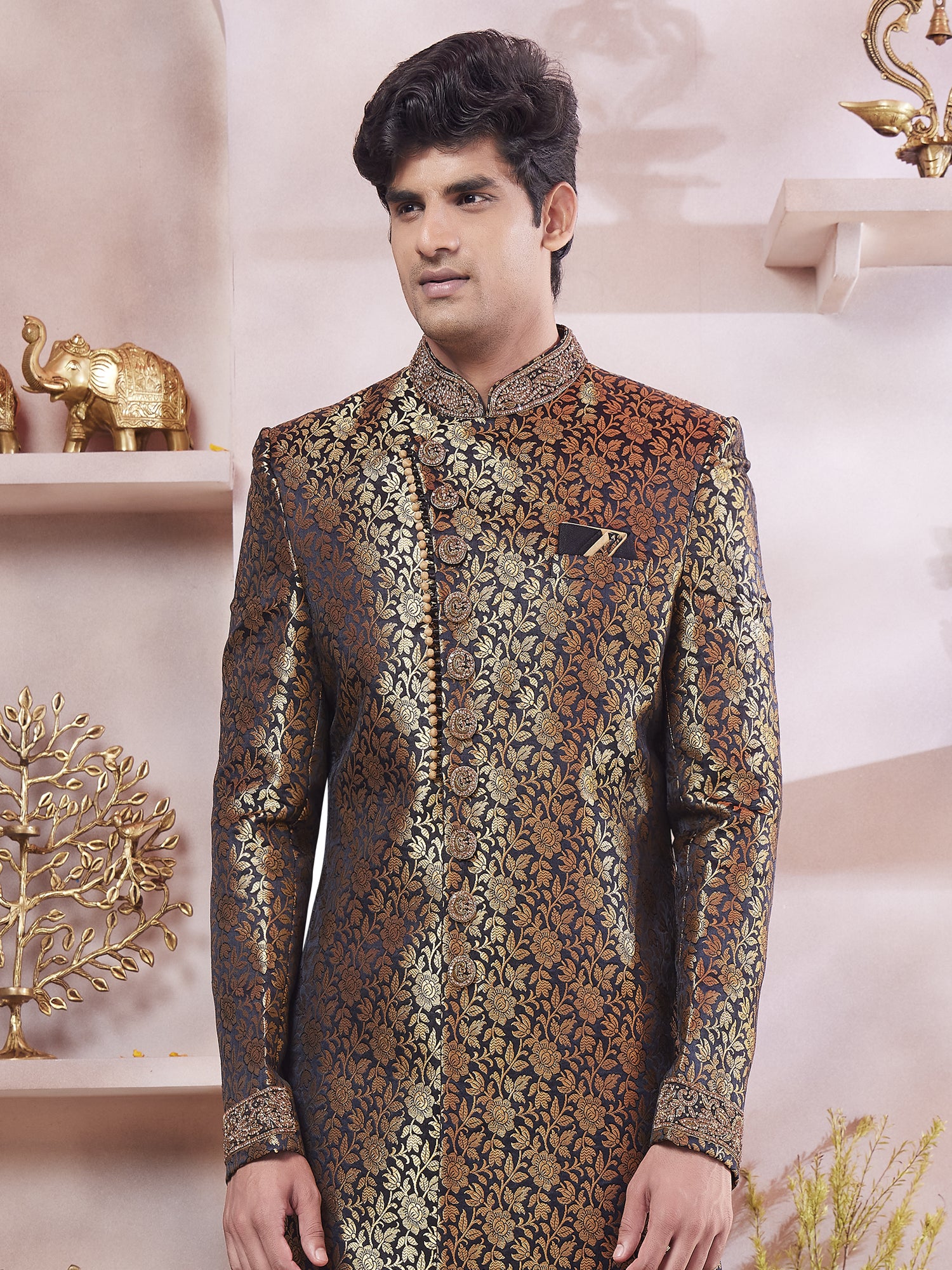 Black Men's Sherwani In Floral Zari Weaving