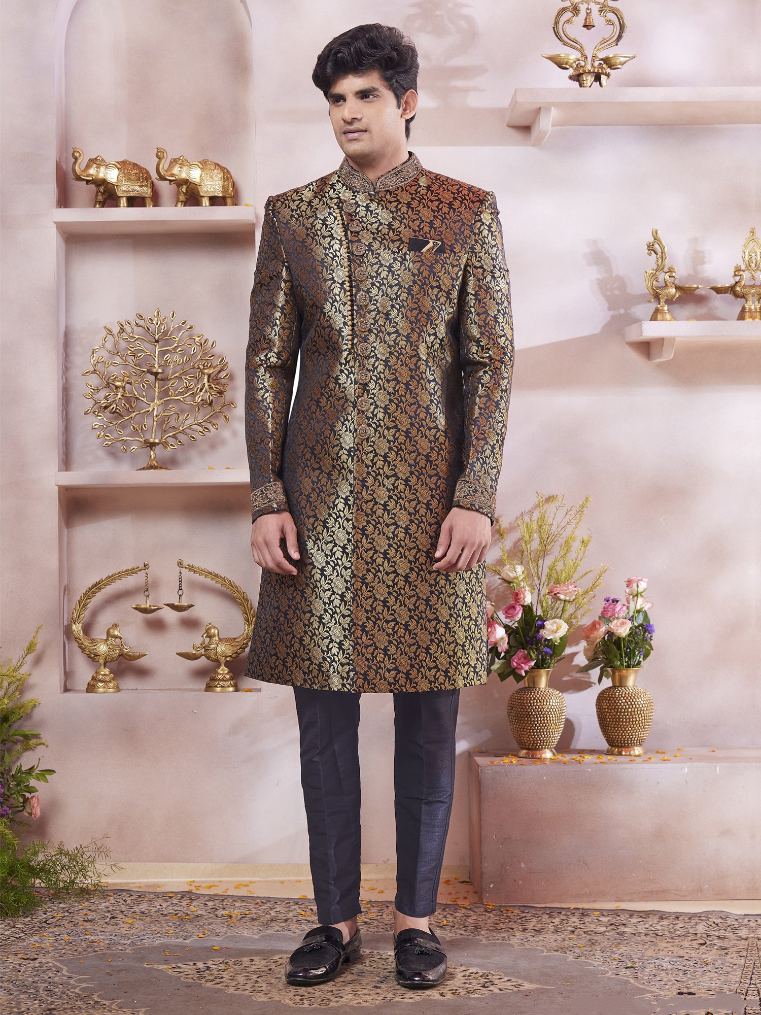 Black Men's Sherwani In Floral Zari Weaving