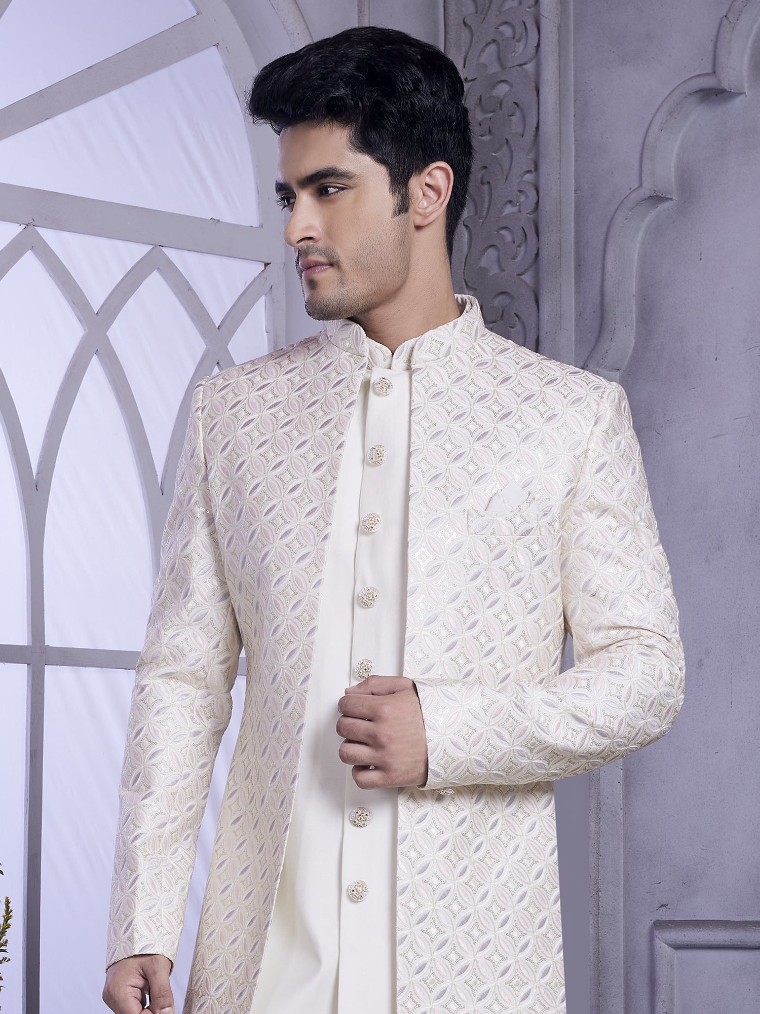 White Thread Embellished Indowestern Set In Silk