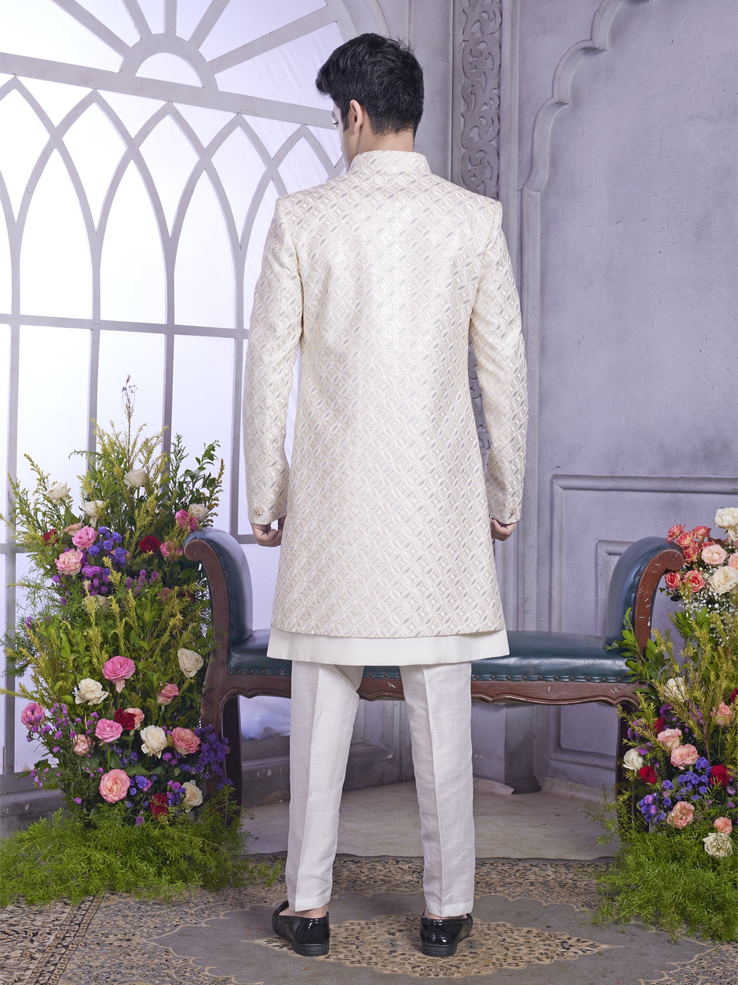 White Thread Embellished Indowestern Set In Silk