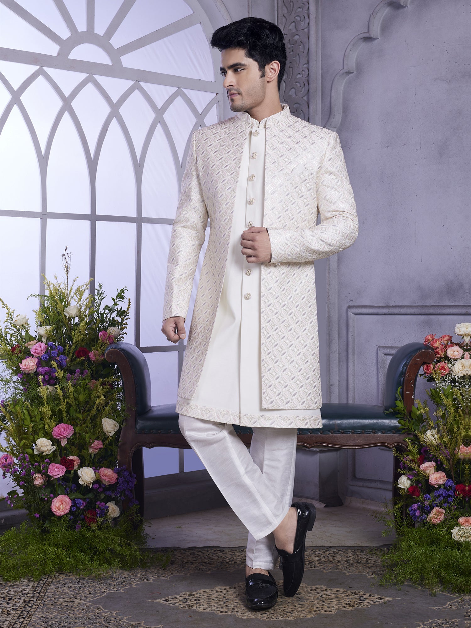 White Thread Embellished Indowestern Set In Silk