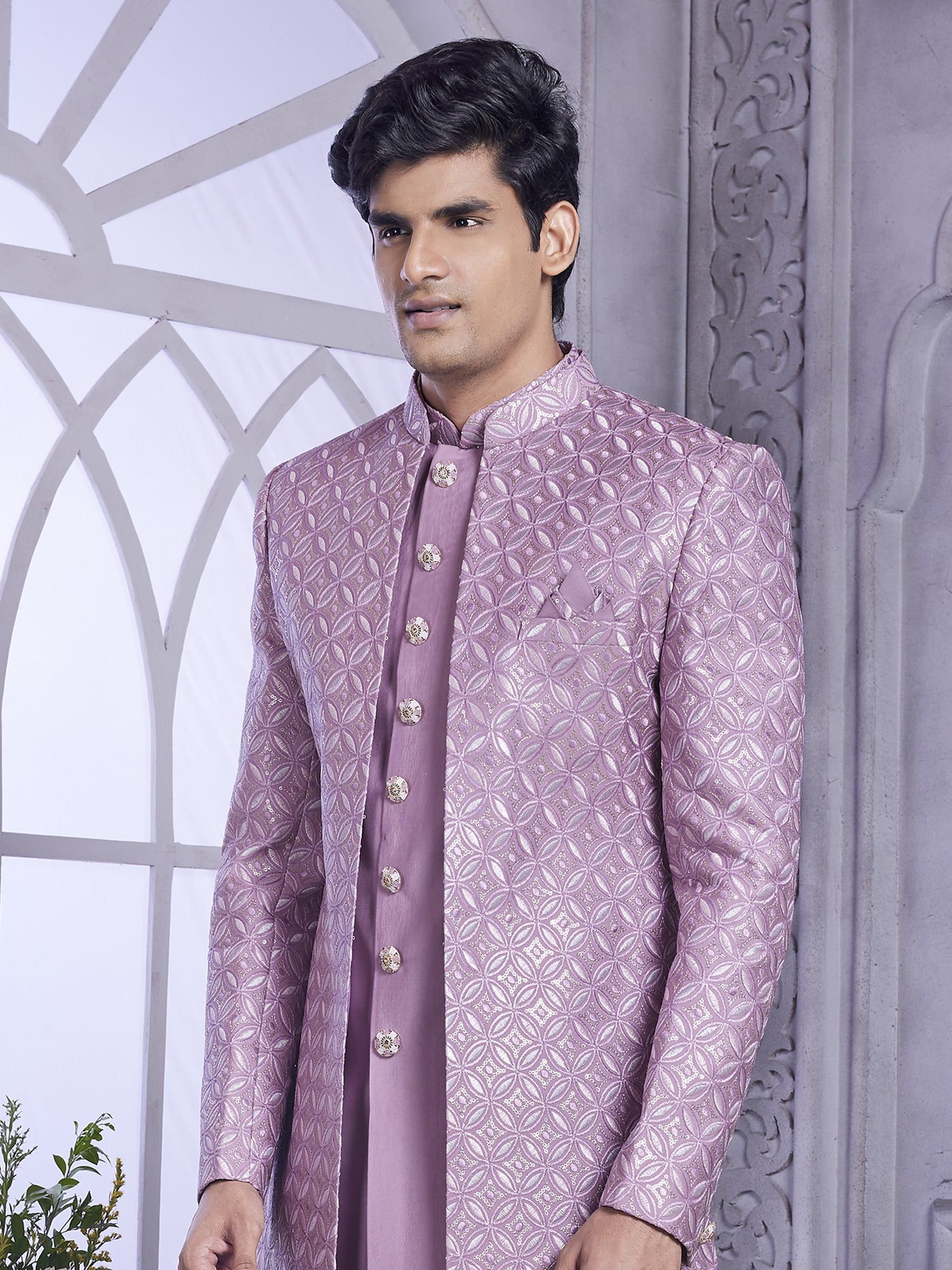 Lilac Indowestern Set For Men With Open Jacket