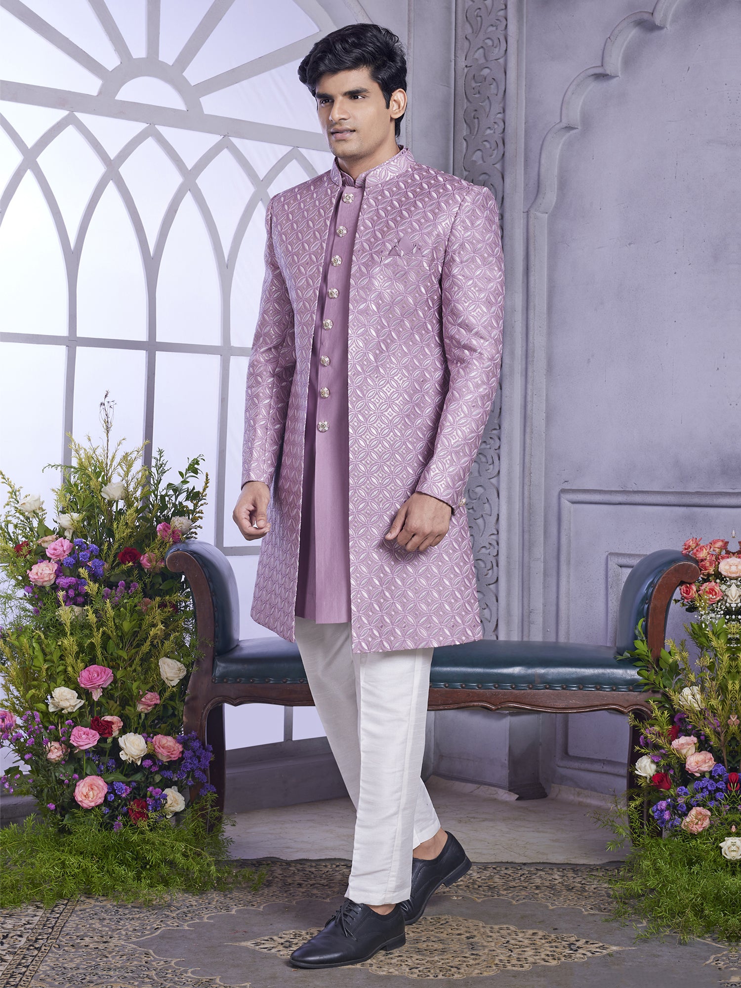 Lilac Indowestern Set For Men With Open Jacket