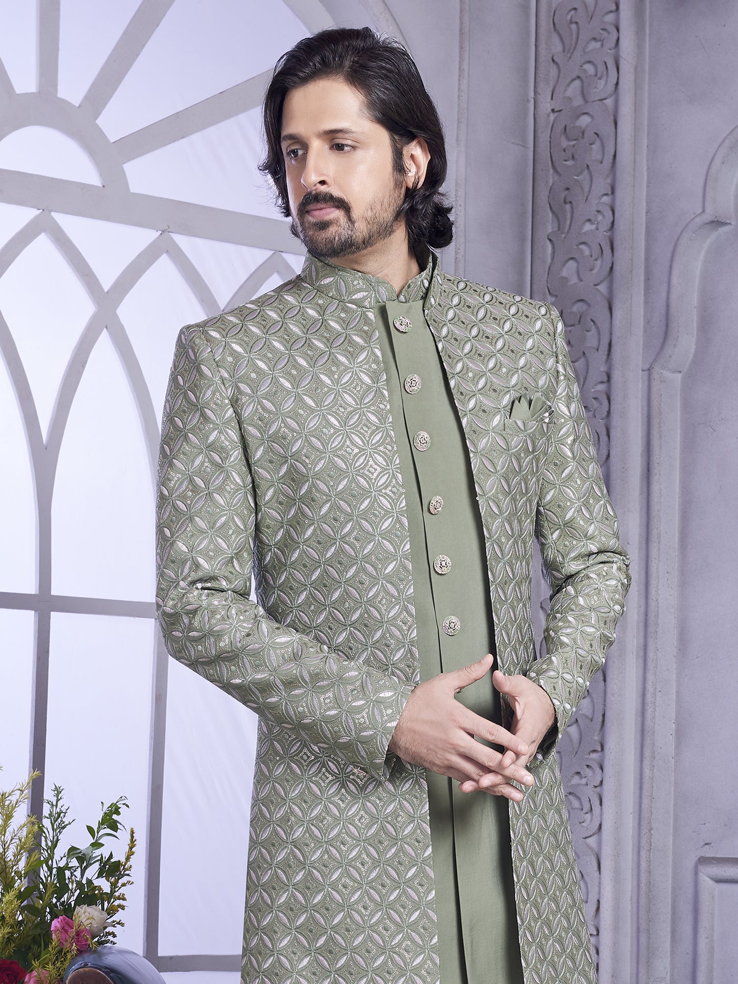 Green Embroidered Indowestern With Front Open Jacket