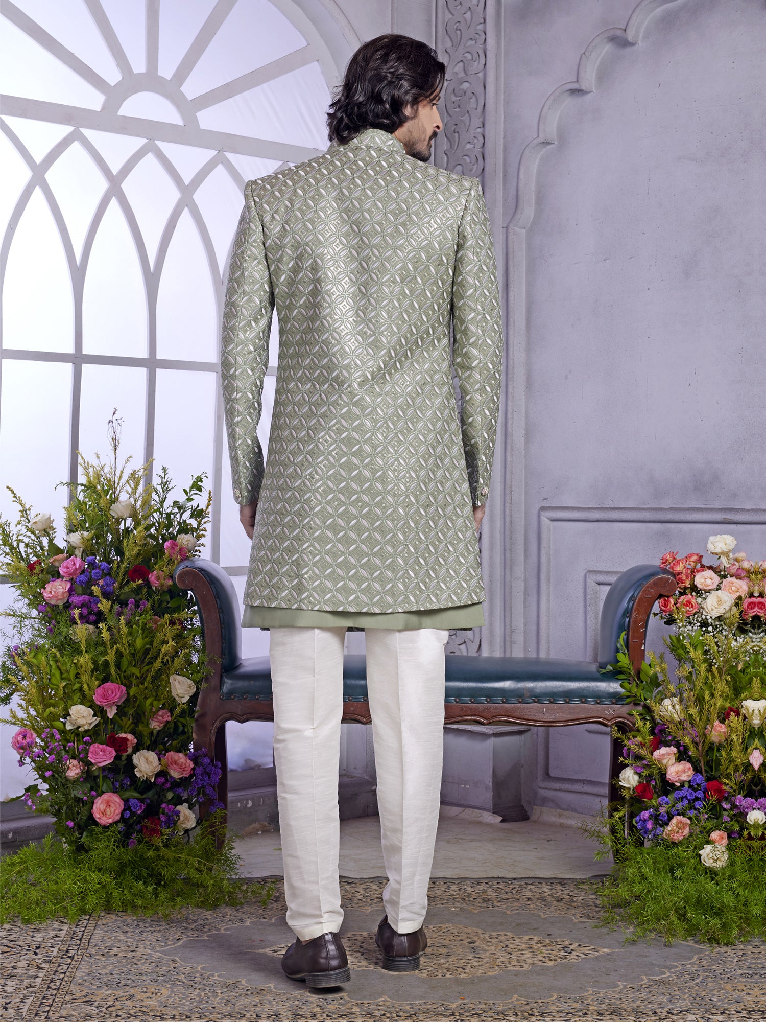 Green Embroidered Indowestern With Front Open Jacket