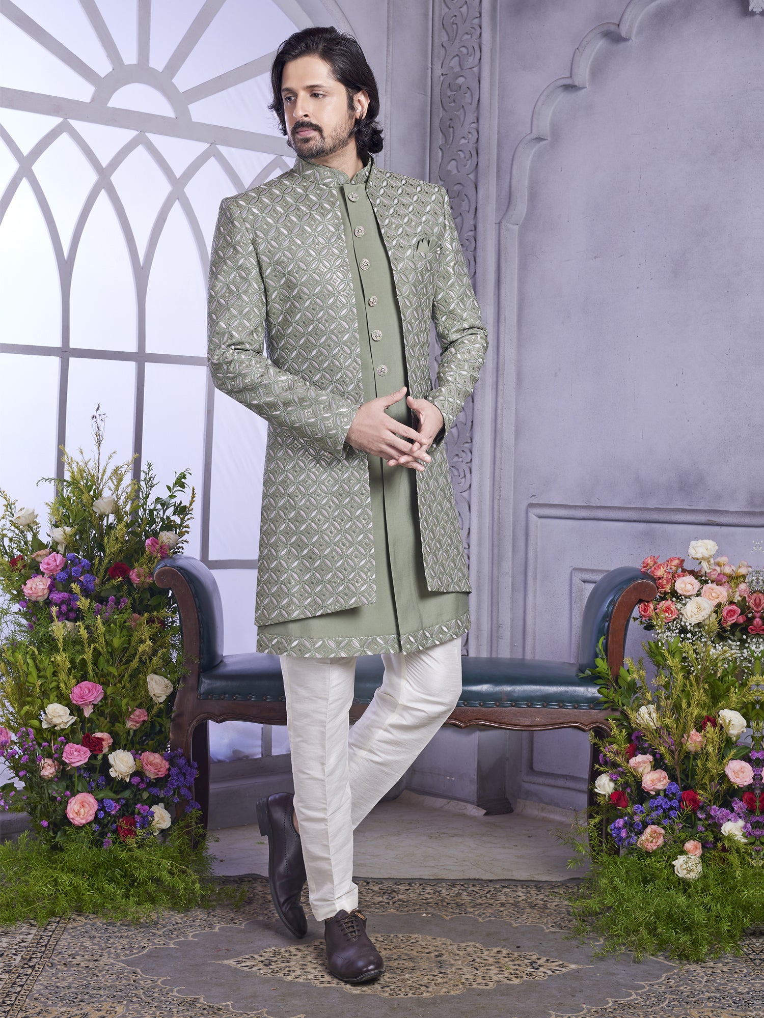 Green Embroidered Indowestern With Front Open Jacket