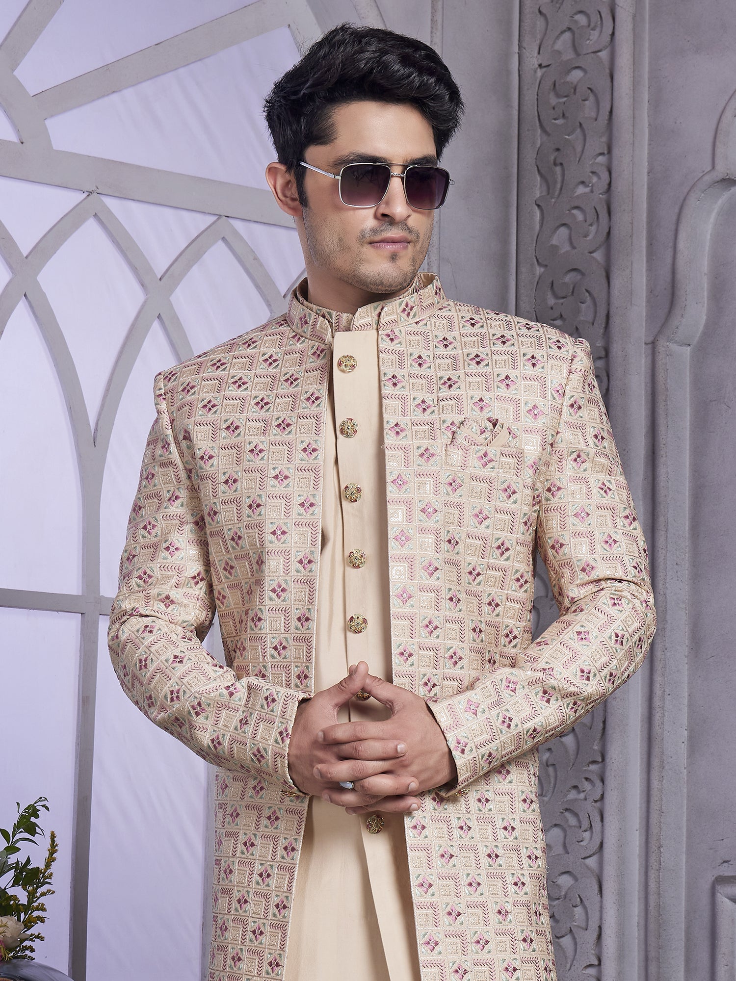 Beige Men's Indo Western With Floral Embroidered Jacket