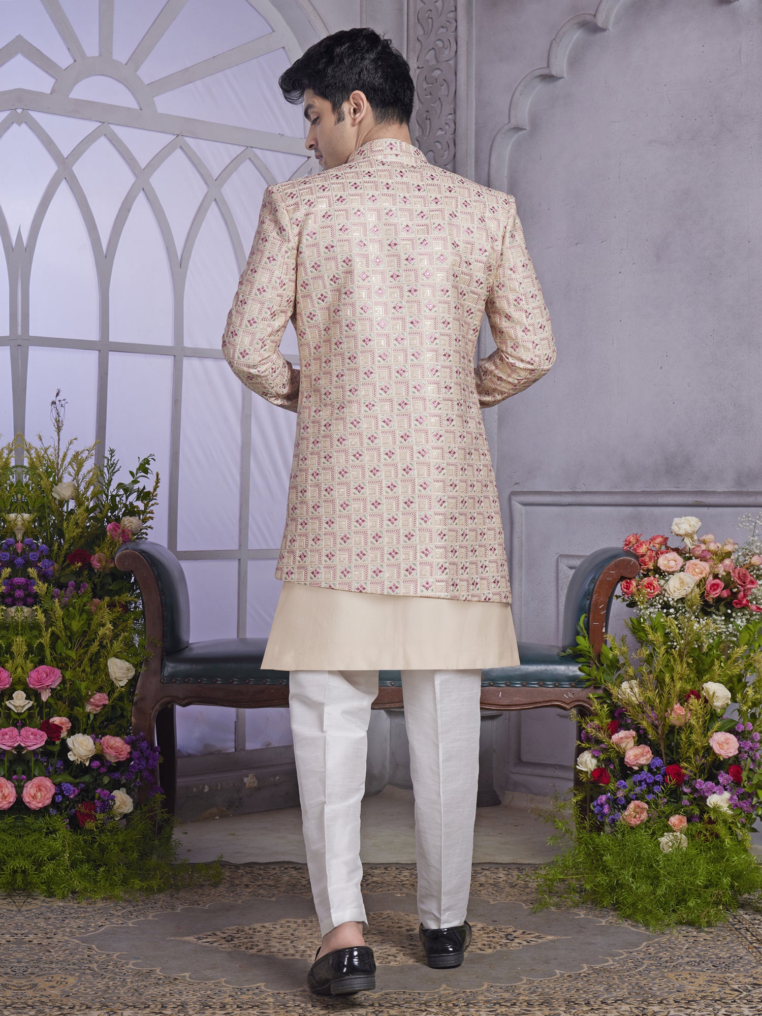 Beige Men's Indo Western With Floral Embroidered Jacket